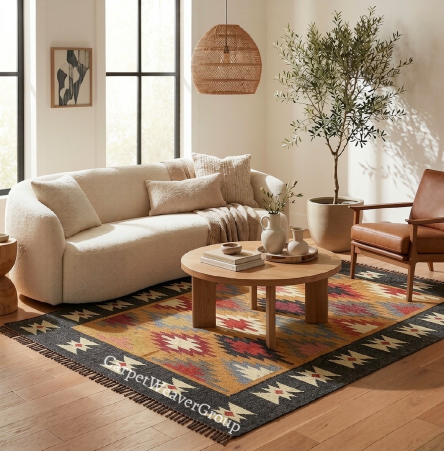 Handwoven Bohemian Wool Jute Kilim Rug – Available in Various Sizes