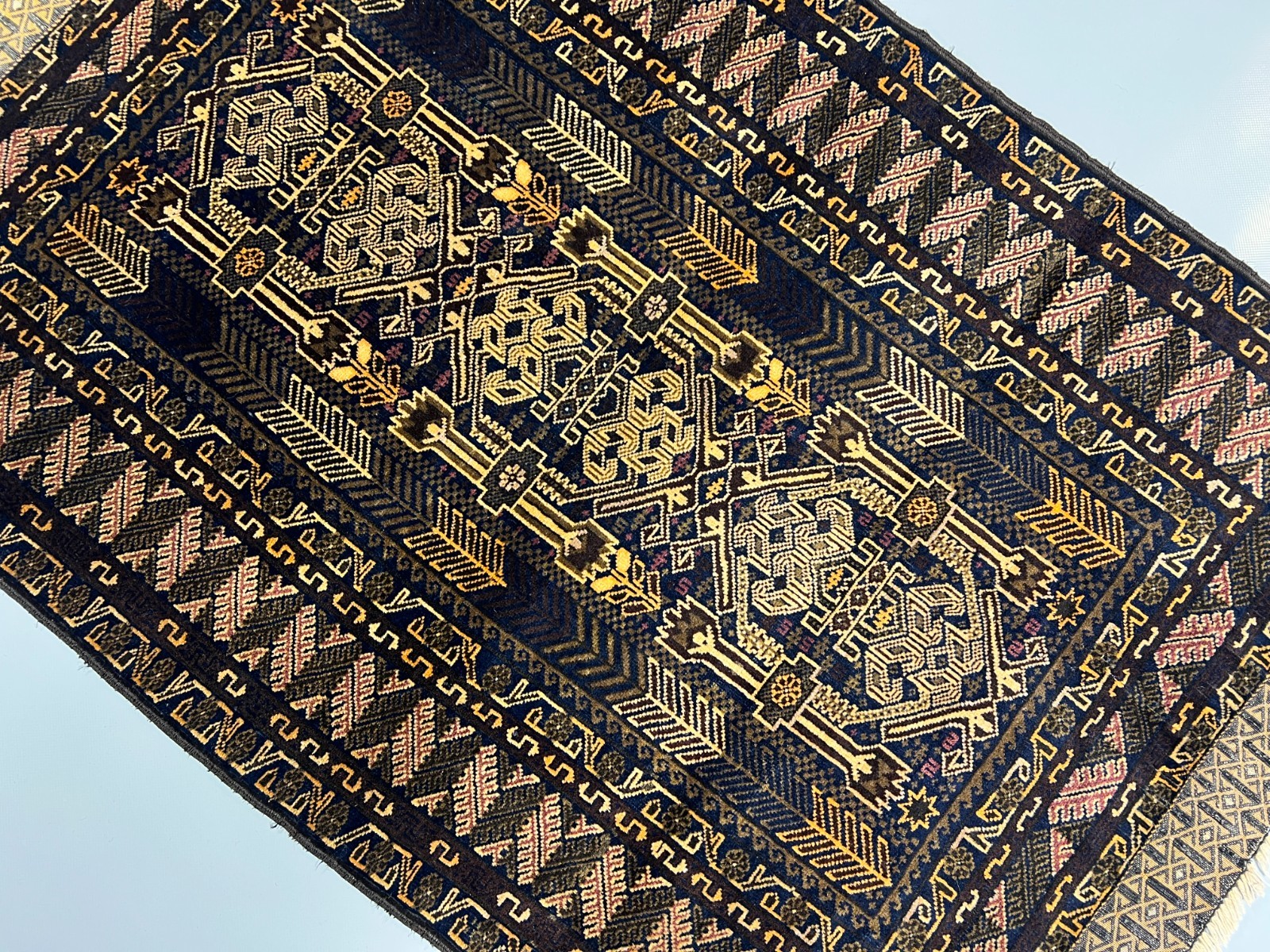 3 x 4’6 Ft Elegant Afghan Baluchi Tribal Accent Rug Geometric Dark Navy Wool Rug
