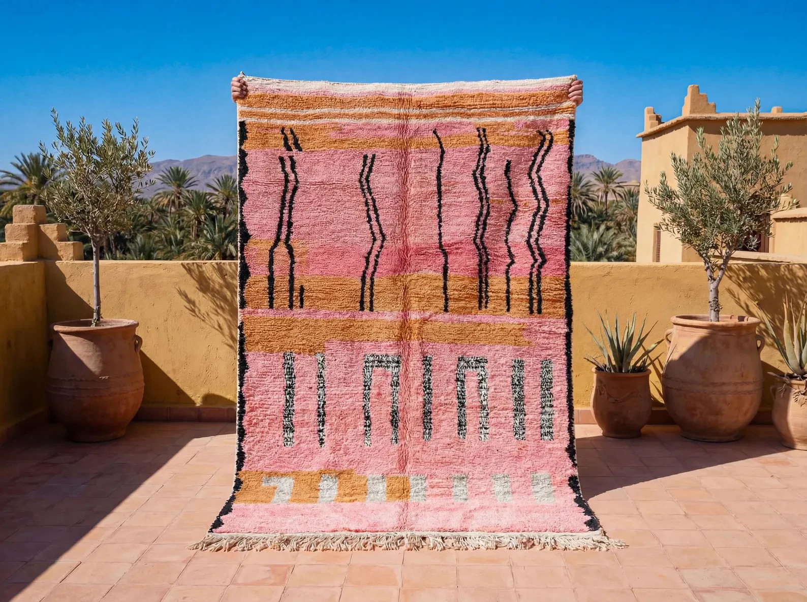 Abstract Boho Sunset Carpet – Hand-Knotted Pink Orange Moroccan Rug