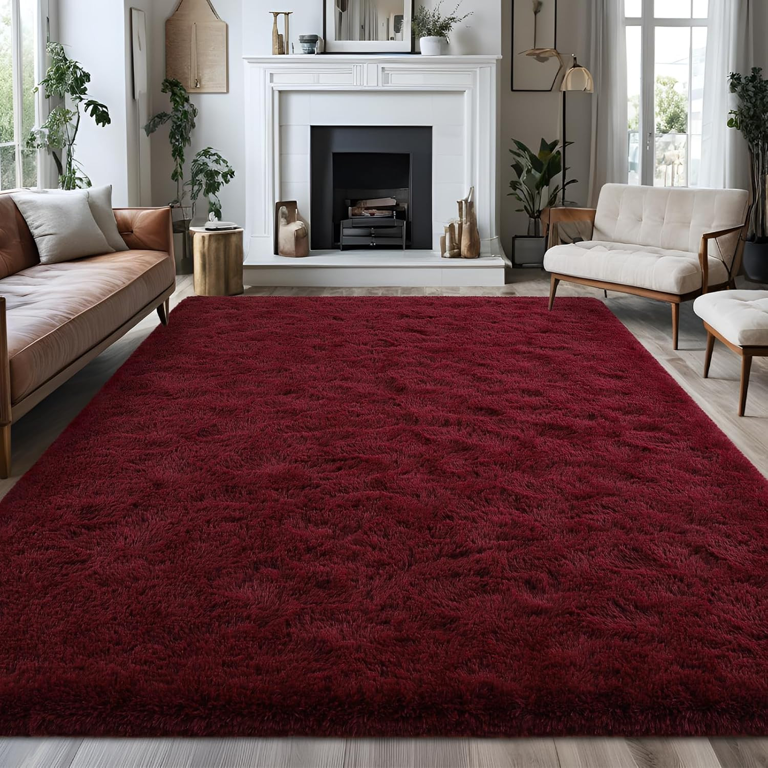Fluffy Burgundy Red Rugs for Bedroom, 4X6 Feet Dark Red Area Rug for Living