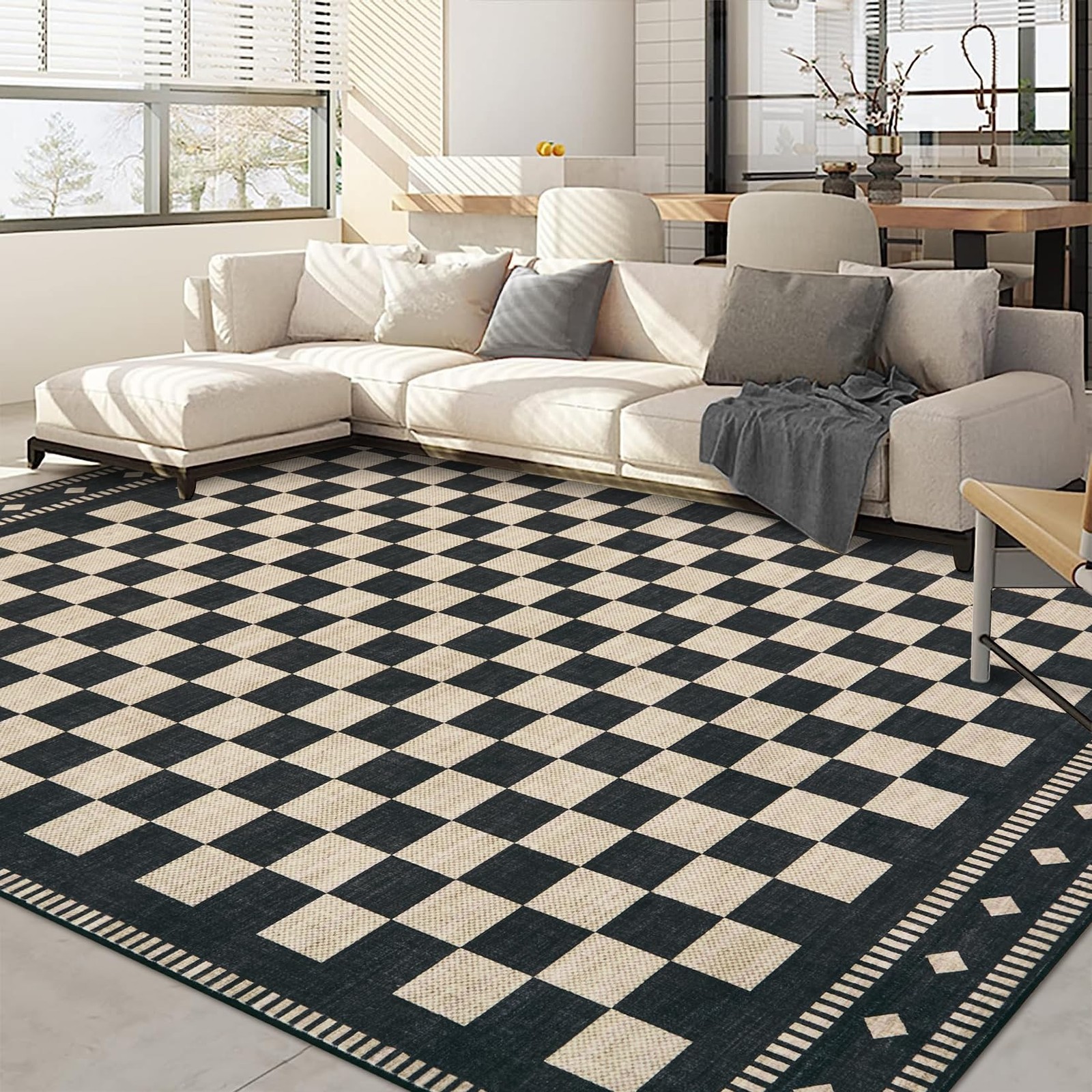 Checkered Charcoal Black Washable Runner Rug Non Slip Kitchen Bathroom Bedroom