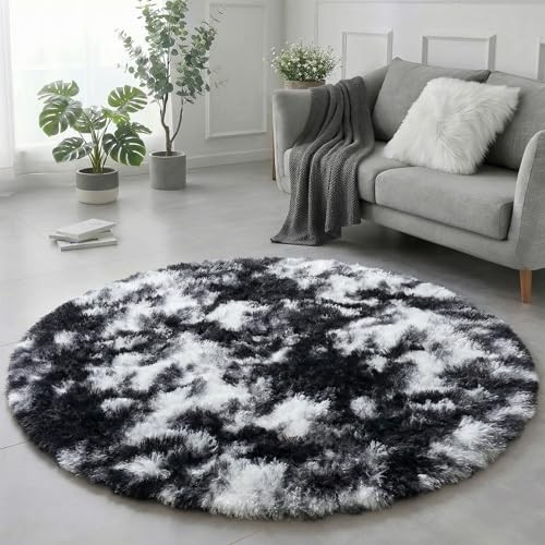 Black White Grey Round Rug 4Ft Circle Area Rugs for Bedroom & Living Room