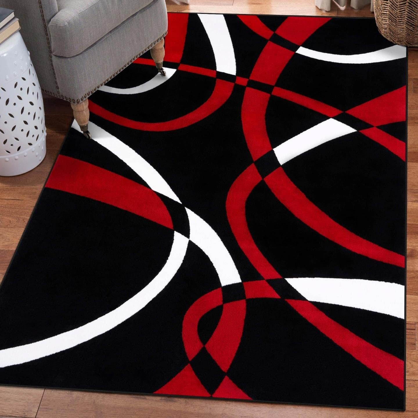 Geometric Abstract Area Rug 5×7 Red Black Modern Living Room Floor Carpet