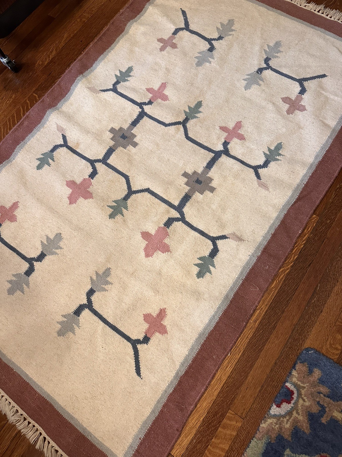 VINTAGE DHURRIE KILIM STYLE WOOL RUG 60”x36” SOUTHWEST PASTEL GEOMETRIC FLORAL