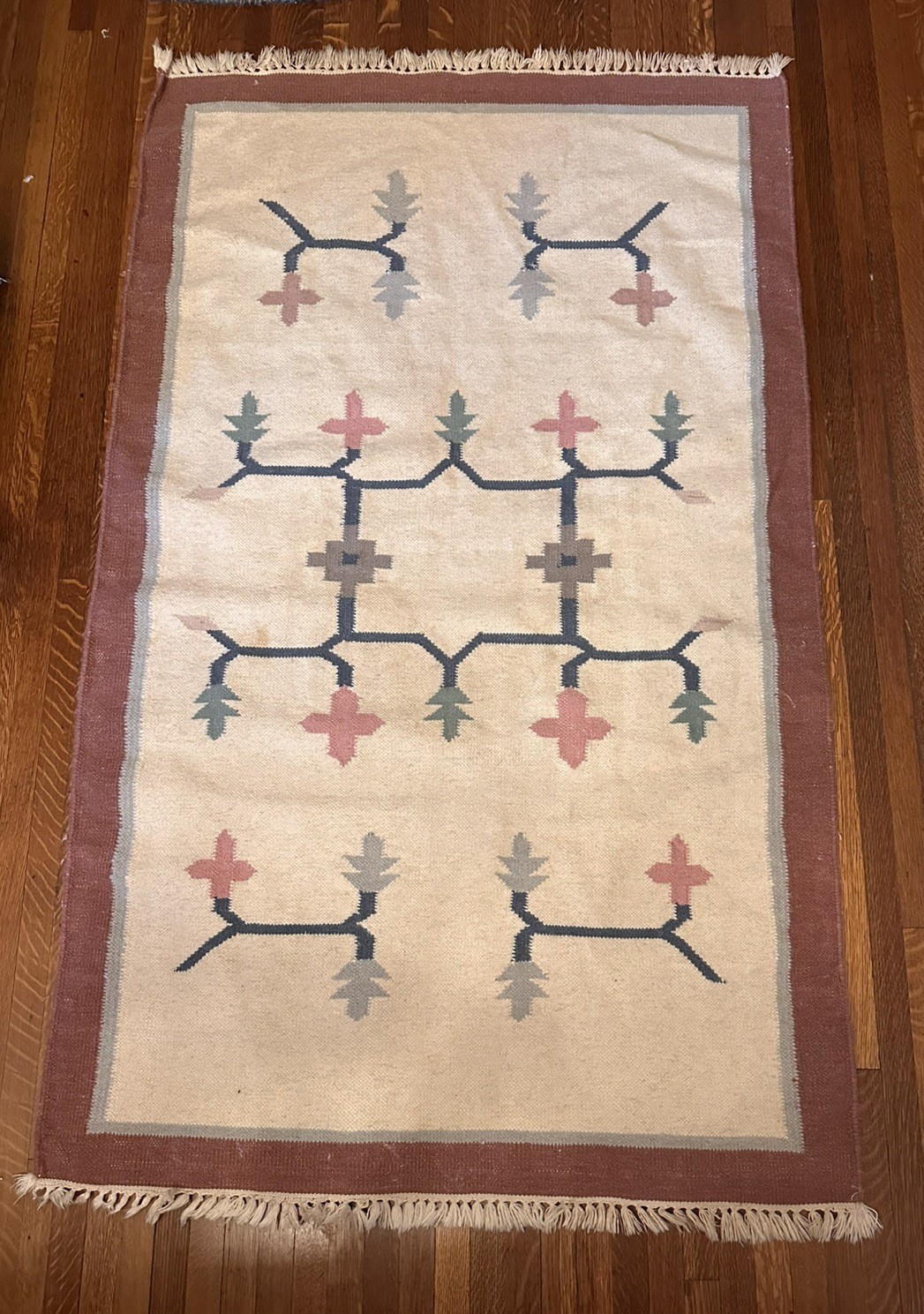 VINTAGE DHURRIE KILIM STYLE WOOL RUG 60”x36” SOUTHWEST PASTEL GEOMETRIC FLORAL