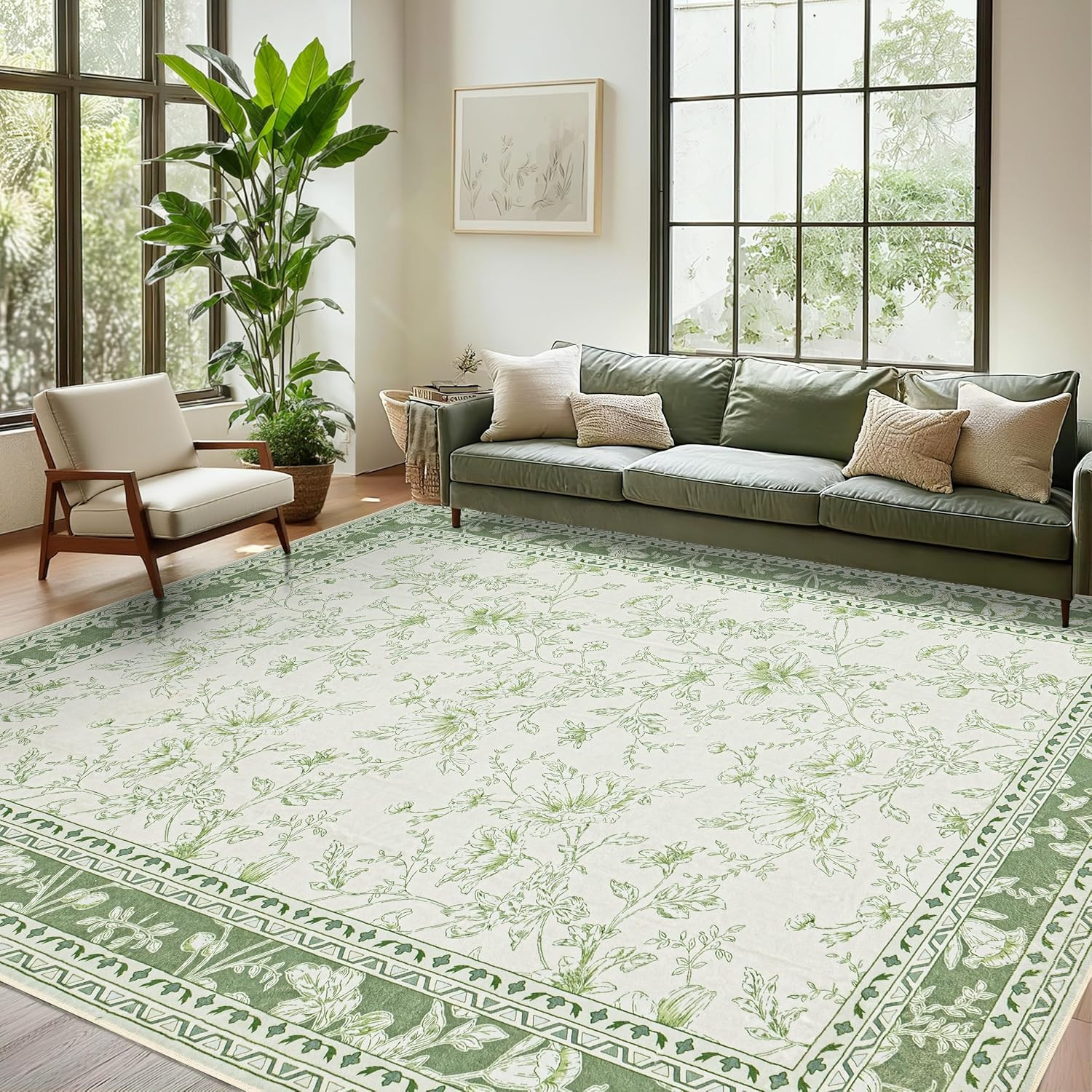 Green Area Rugs 6X9 Living Room Washable Boho Vintage Sketch Floral Sage Cream B