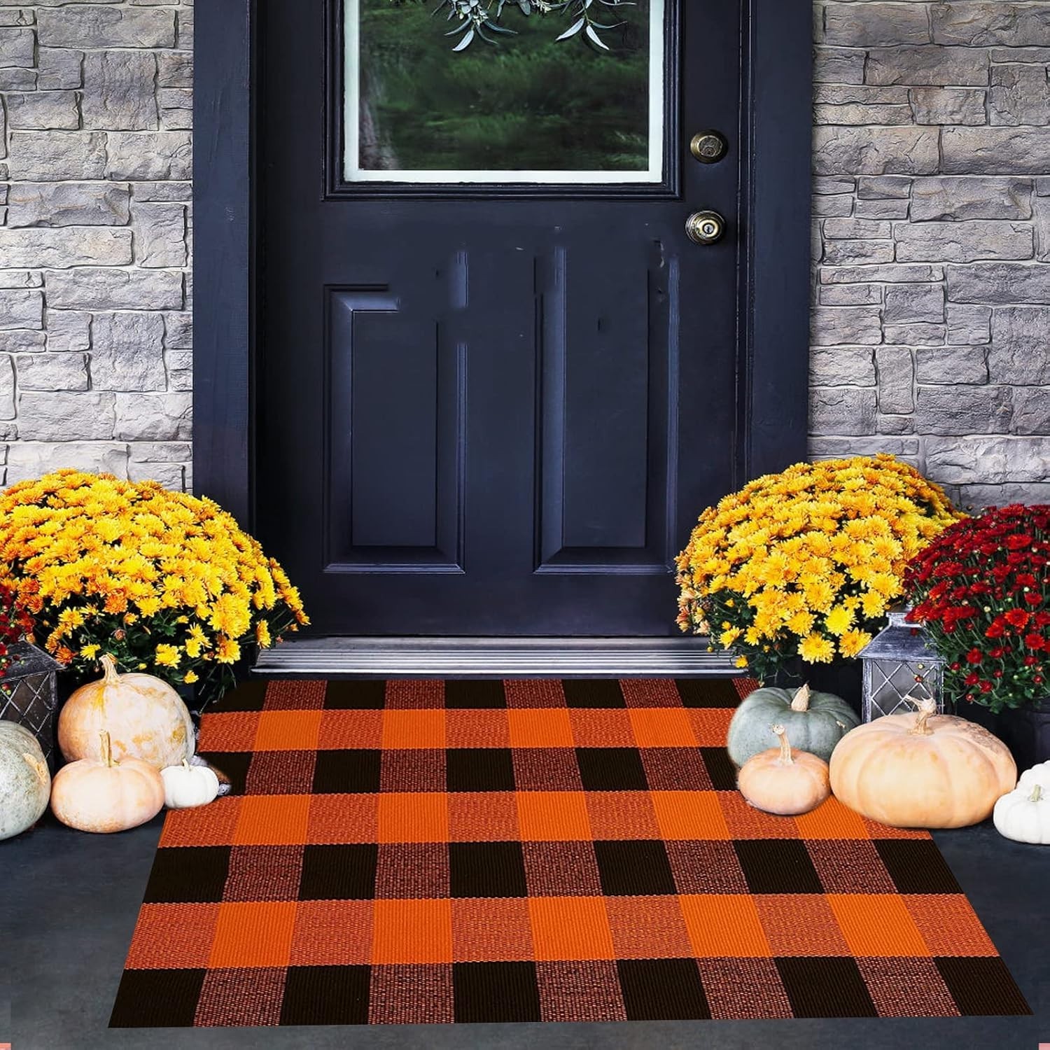 Buffalo Plaid Outdoor Rug 27.5×43 Orange and Black Front Door Mat, Layering R…