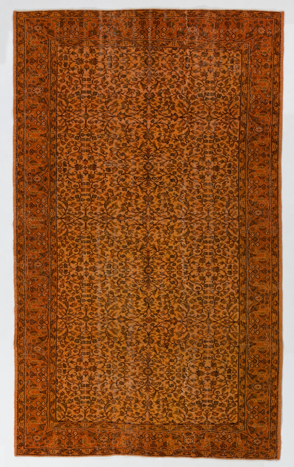 5.8×9.5 Ft Mid-Century Floral Area Rug Re-Dyed in Orange, Handknotted in Turkey