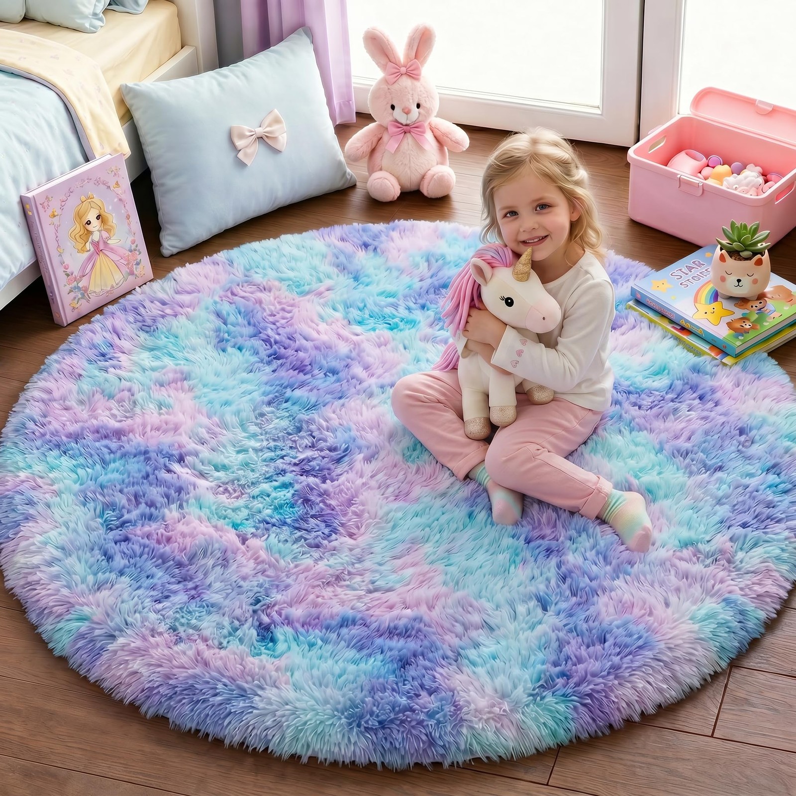 PAGISOFE Rainbow Purple Rugs for Girls Bedroom, Shaggy Big Round Rugs for Kid…