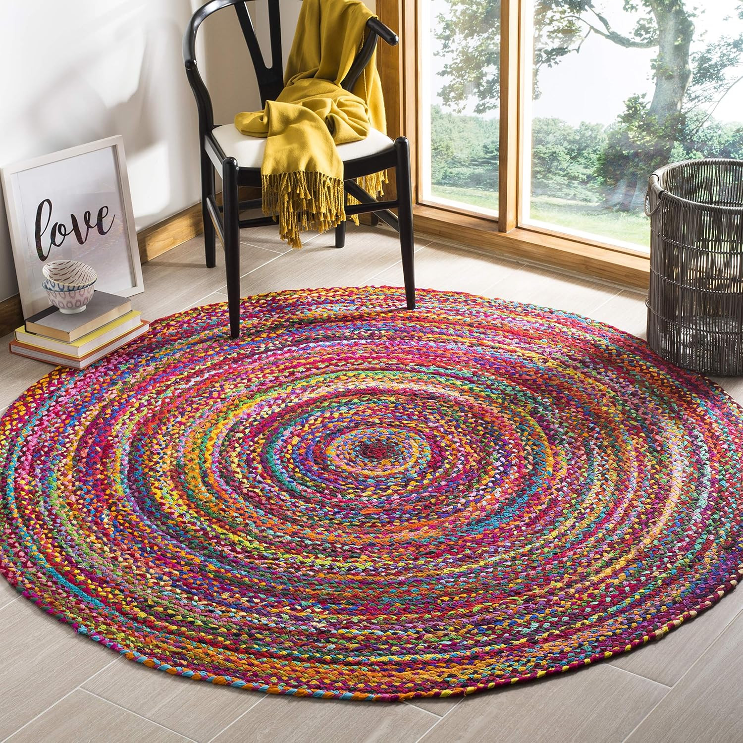 Braided Collection Area Rug – 3′ Round, Red & Multi, Handmade Woven Cotton, Boho
