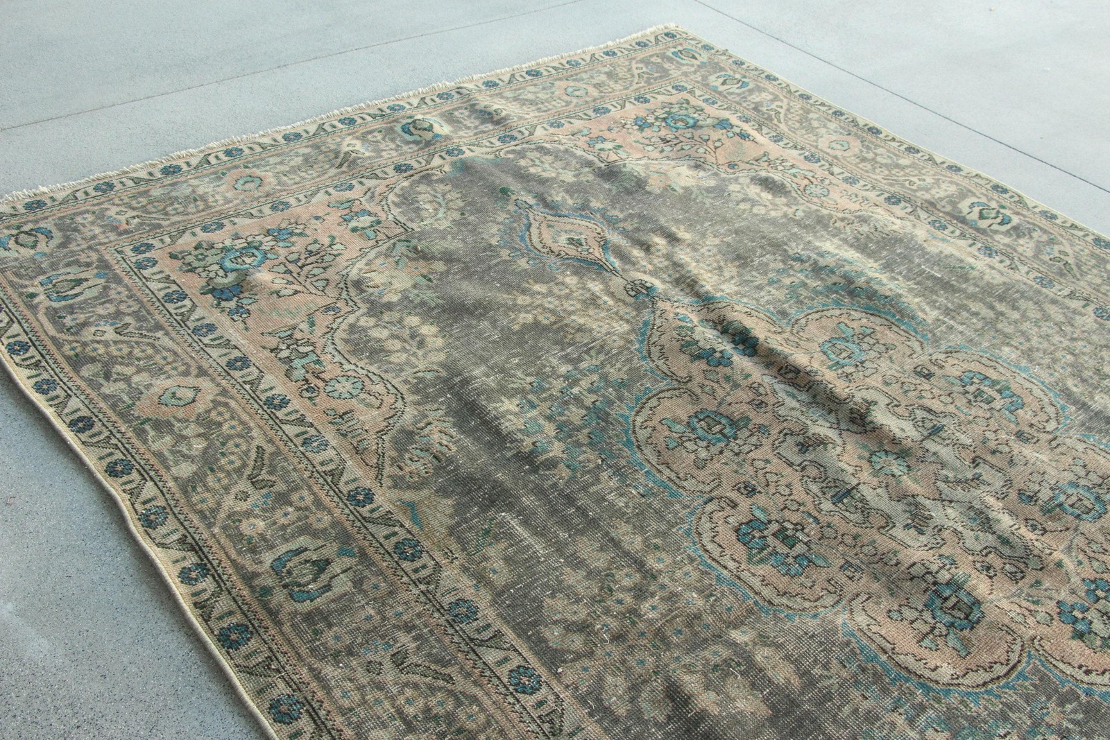 Vintage Turkish Rug, 6,6×9,5 ft Rug, Blue Brown Solid Rug