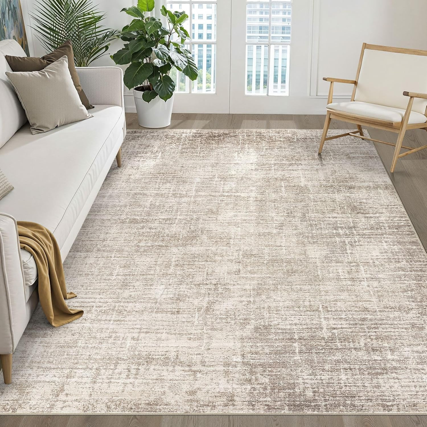 5X7 Area Rugs Living Room: Washable Large Neutral Brown Rug Abstract Soft Modern