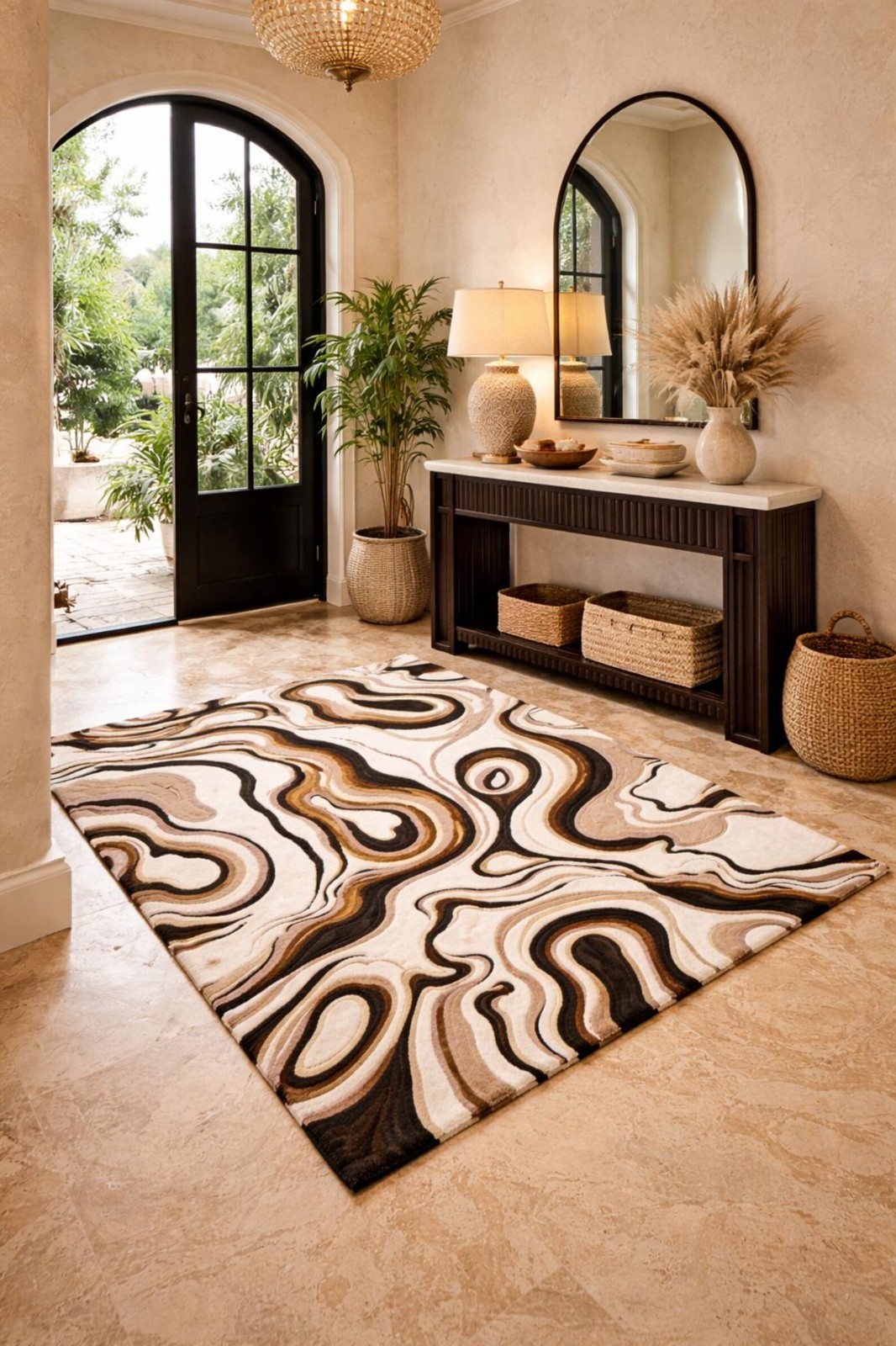 Modern Abstract Hand Tufted Rug Beige Brown & Black Swirl Design artistic luxury