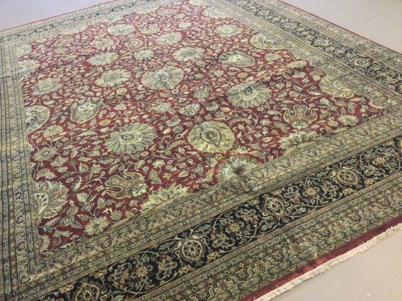 11’.9” X 14’.9” Red Dark Navy Blue Traditional Oversized Oriental Rug Handmade