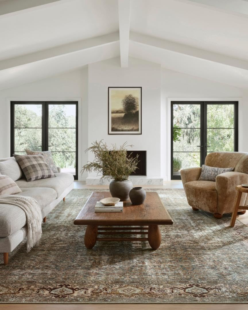 Loloi Georgie Collection Area Rug 5′ x 7′ Moss/Salmon, 0.19″ Pile Height