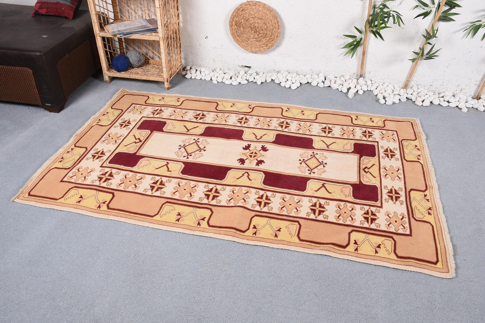 Turkish Area Rug, 4×6,5 ft Vintage Rug, Beige Wool Rug