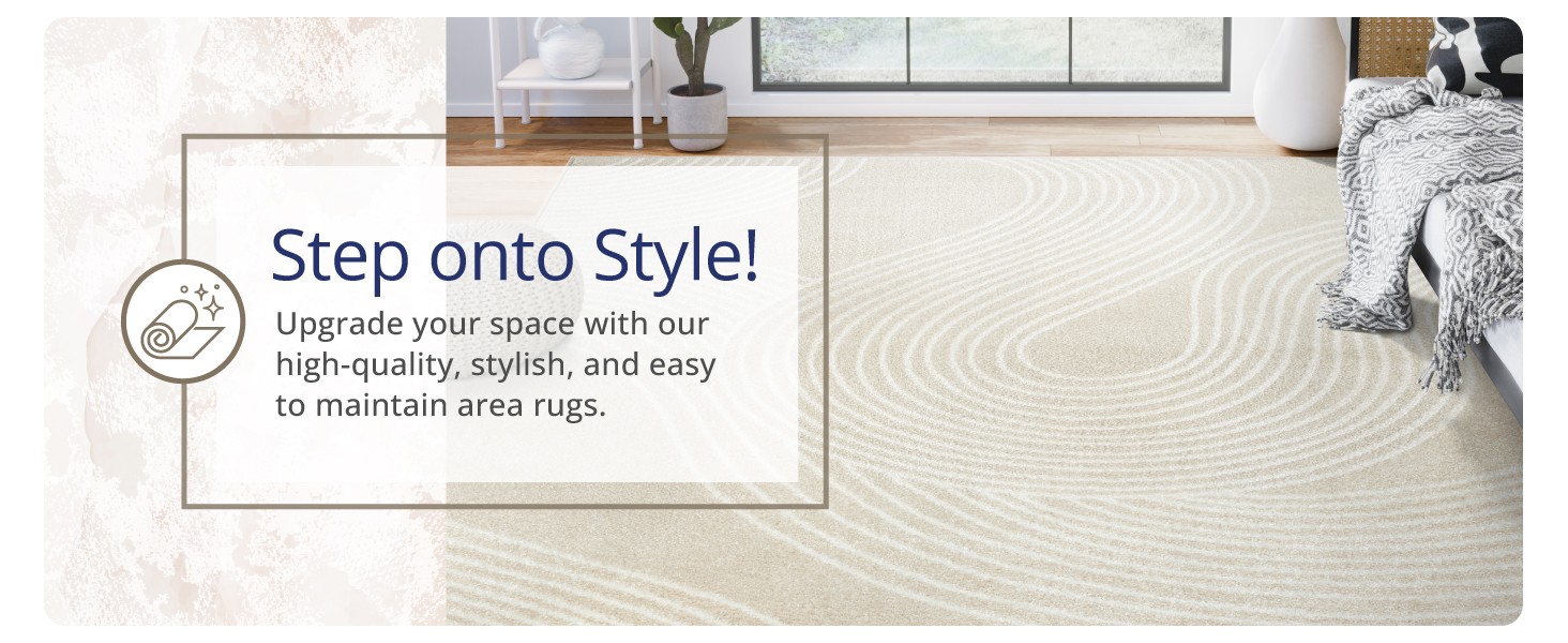 Beige and White Swirl Area Rug | 7’9″ x 10’2″ Cream Carpet with Wave Pattern |