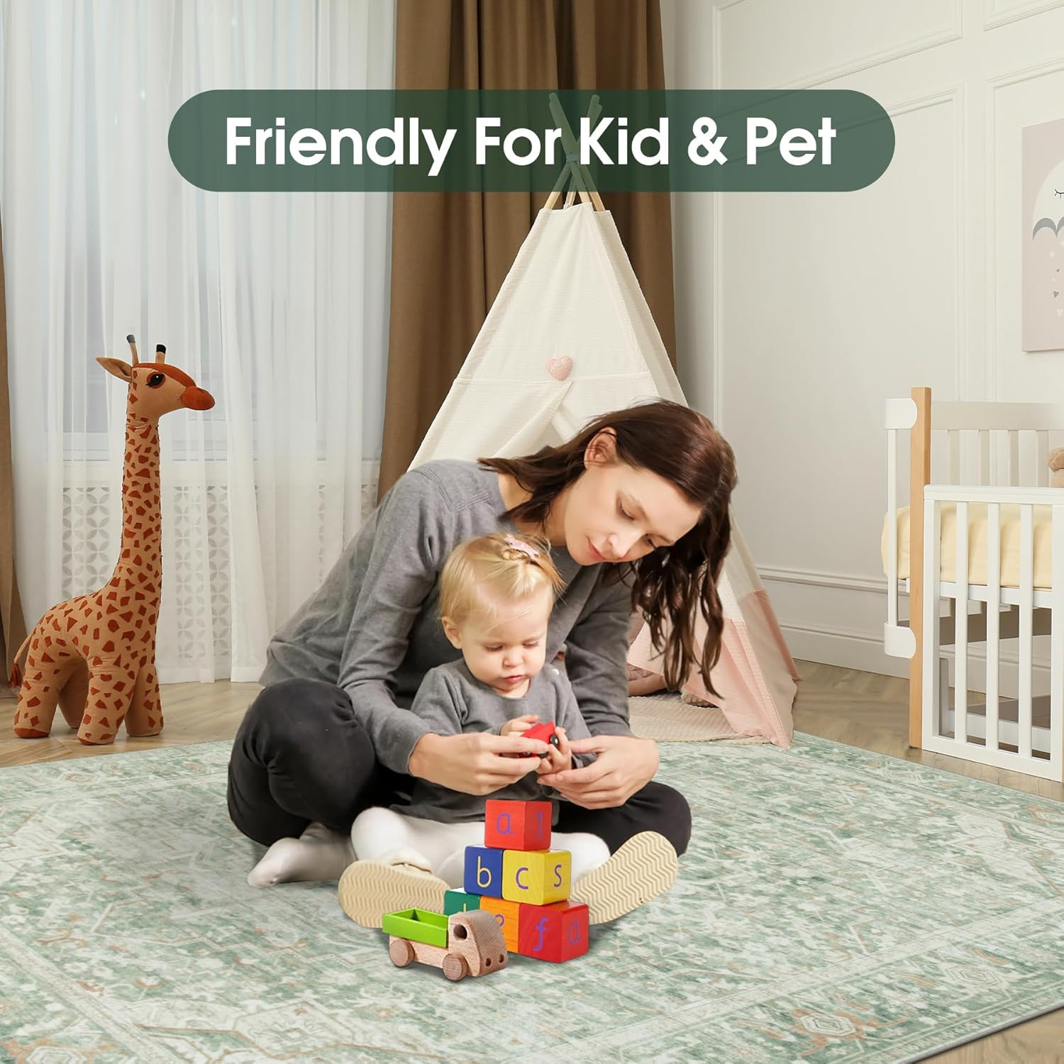 Washable Rugs 8X10 Area Rugs, Soft Vintage Living Room Rug with Anti-Skid Backin