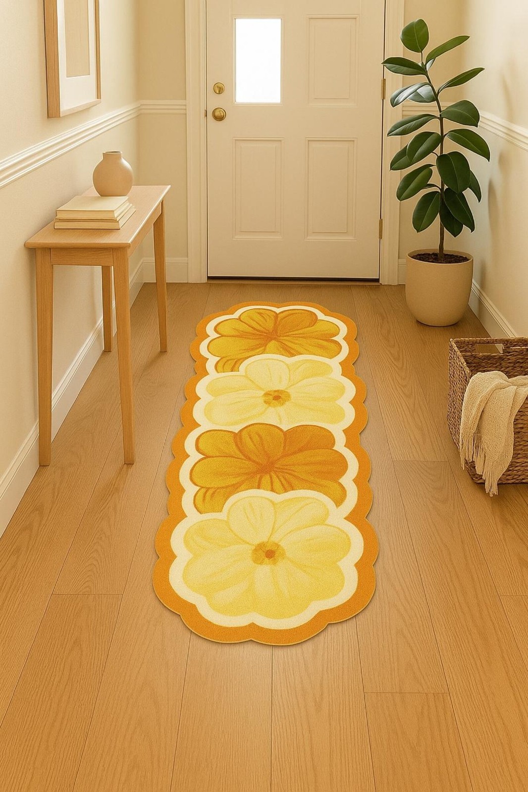 Hand Tufted Floral Runner Rug – Yellow & Orange Flower Design Soft Woo Carpet Ru