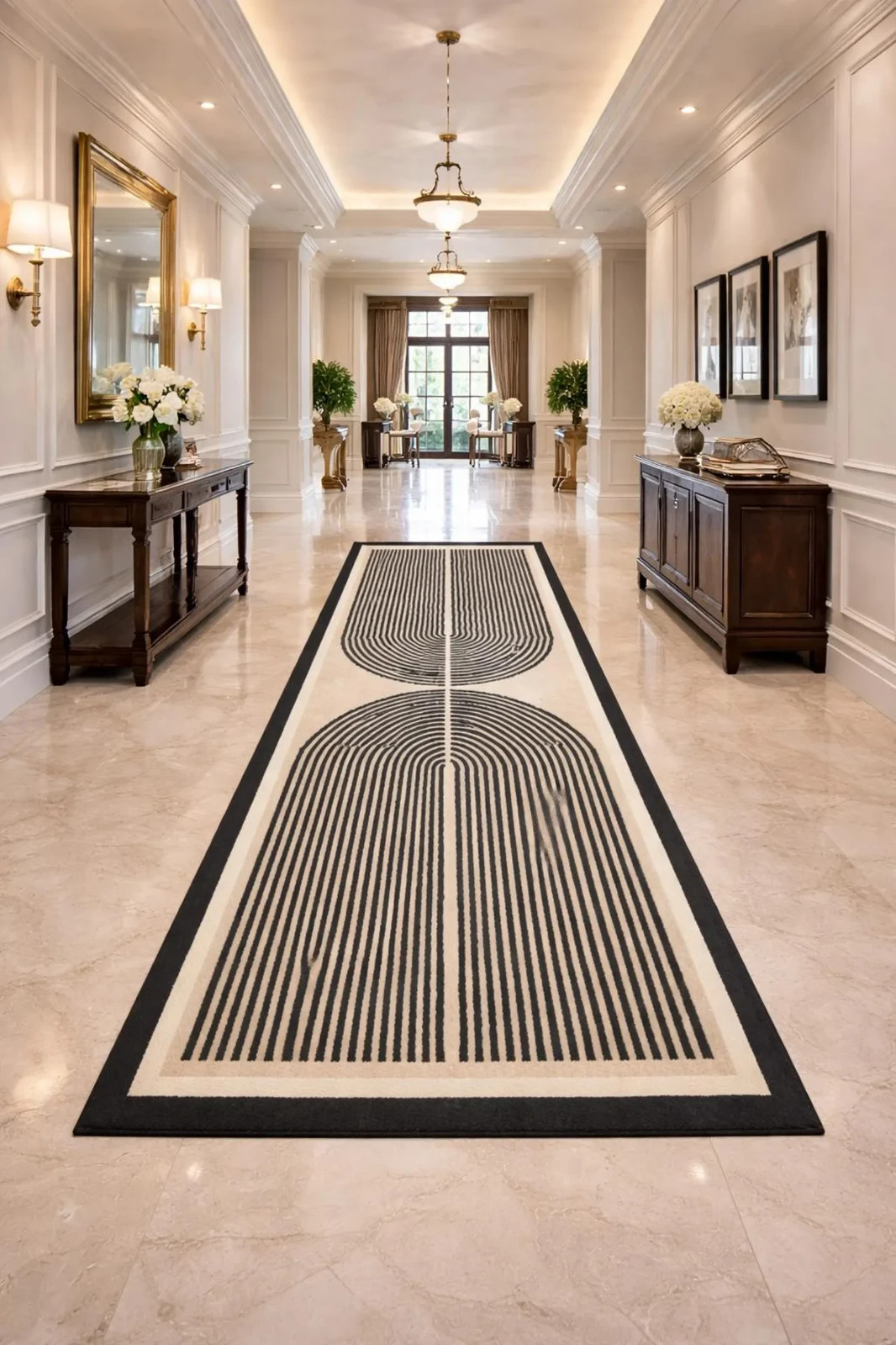 Hand Tufted Wool Hallway Runner Rug Modern Geometric Arch Cream Black Long Rug.
