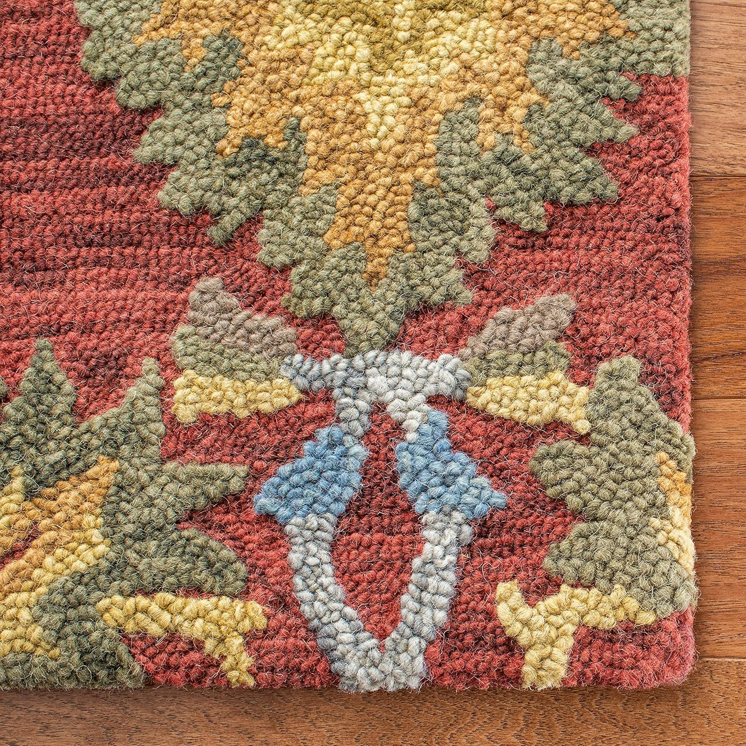 Handmade Blossom Collection 6′ Square Floral Wool Area Rug – Red & Multi