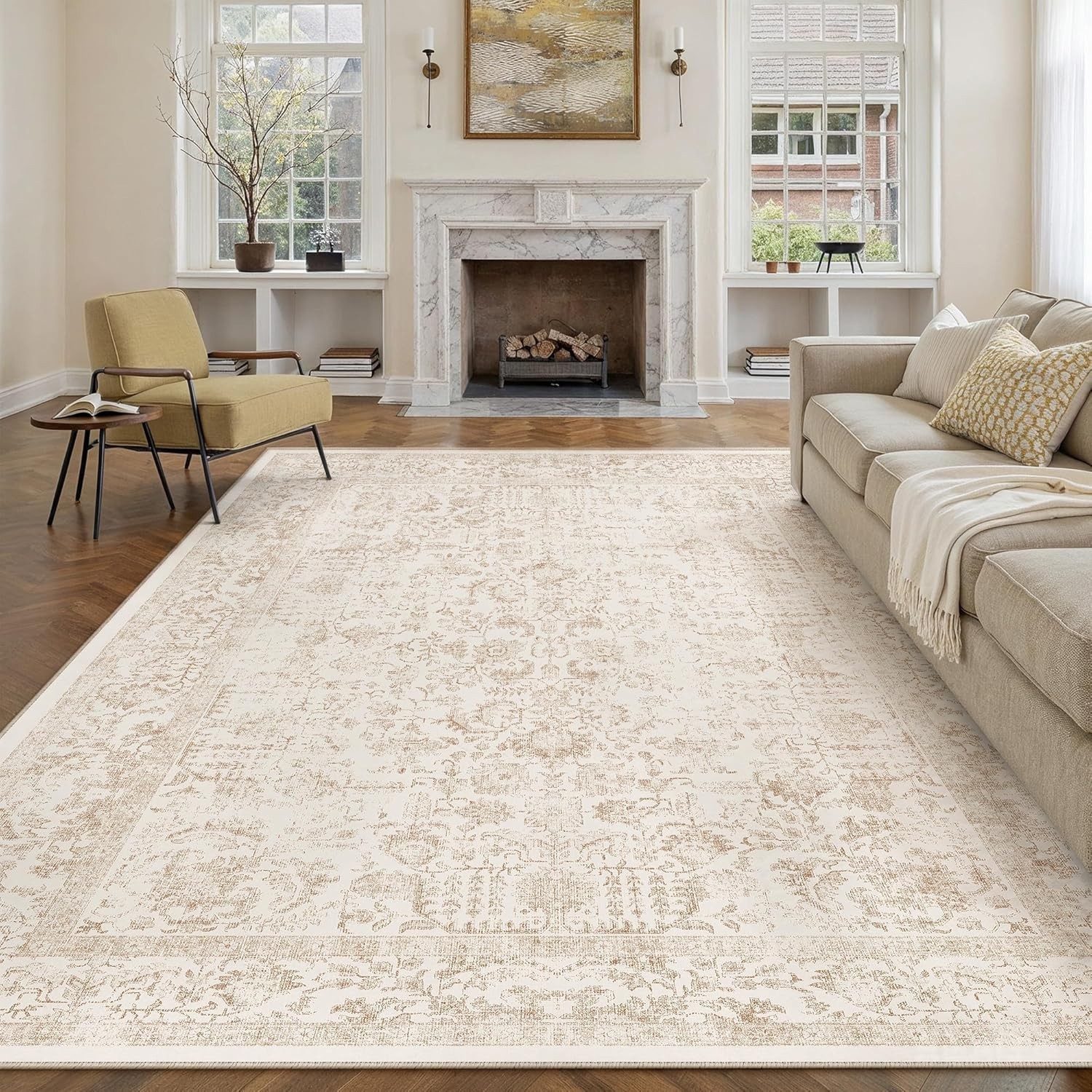 Beige Area Rug 10X12 Machine Washable Large Vintage Living Room Distressed Non S