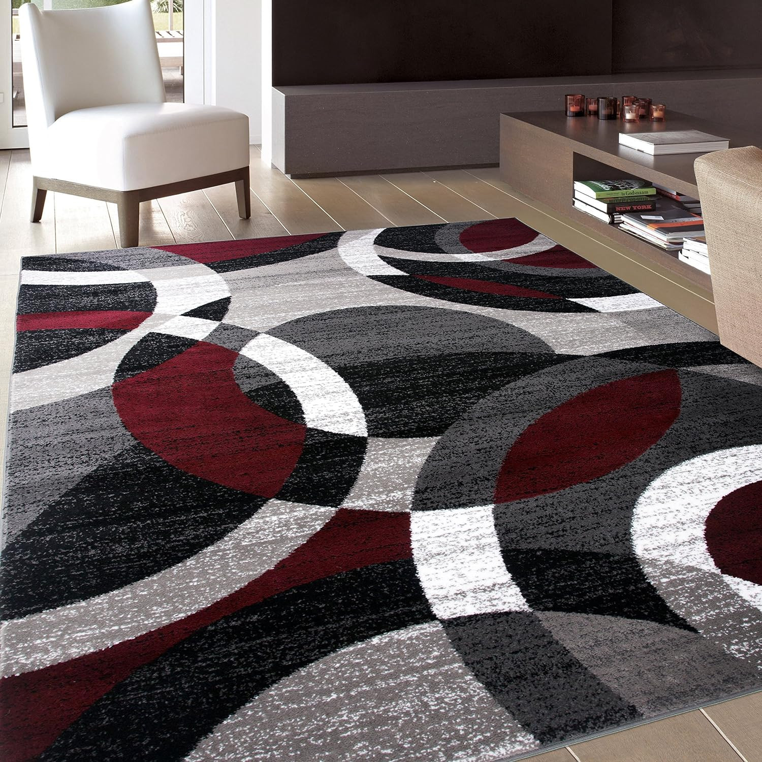 Red Modern Geometric Indoor Area Rug, Overlapping Circle Pattern, Fade Resistant
