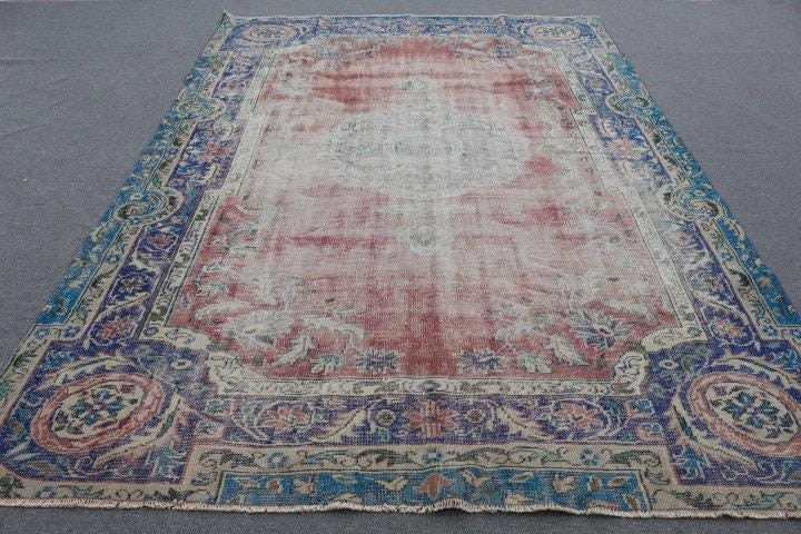 Vintage Turkish Rug, 7,3×10,3 ft Oversize Rug, Blue Red Solid Rug