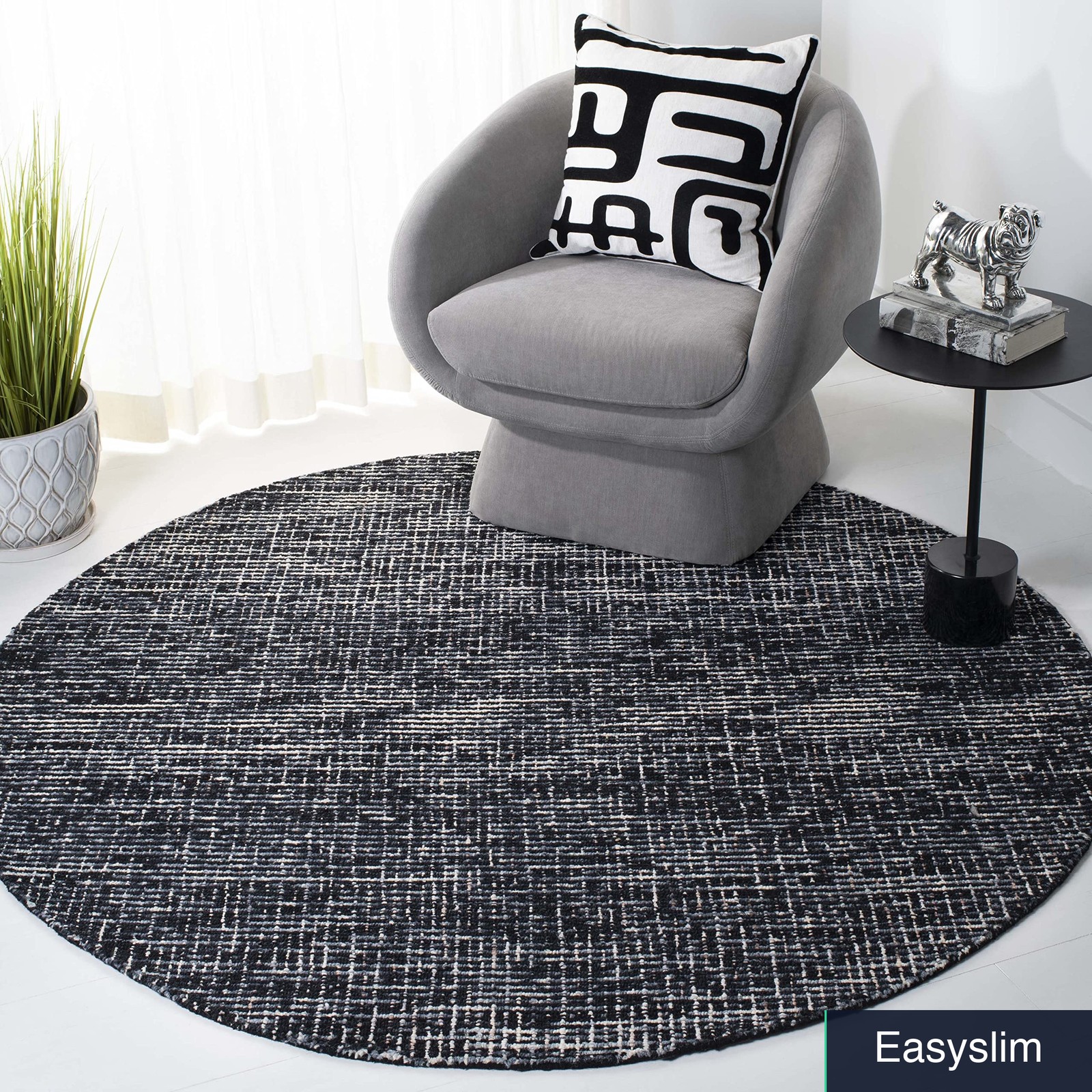Abstract Wool Accent Rug 4′ Round Black Grey Handmade Transitional