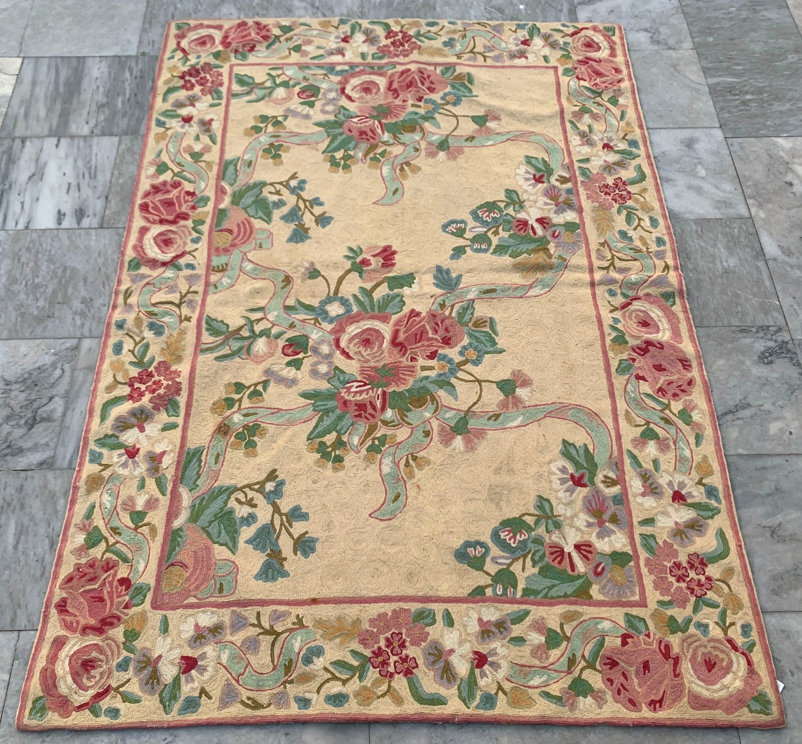 Vintage French Aubusson Needlepoint Chain stitch Bed Room Rug 4×6 ft Free Ship