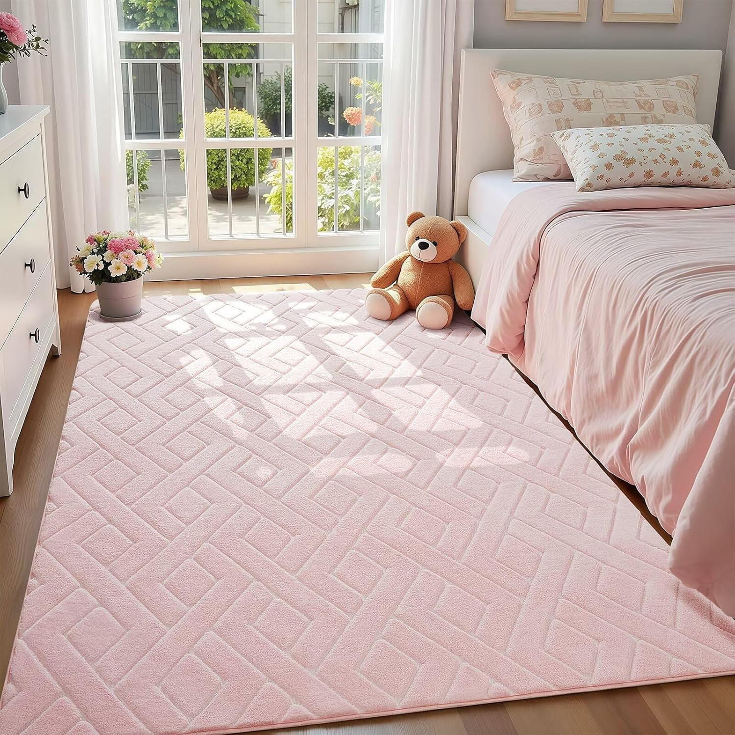Ultra Soft Pink Area Rug for Girls Bedroom, 4X6 Modern Geometric Shag Rugs