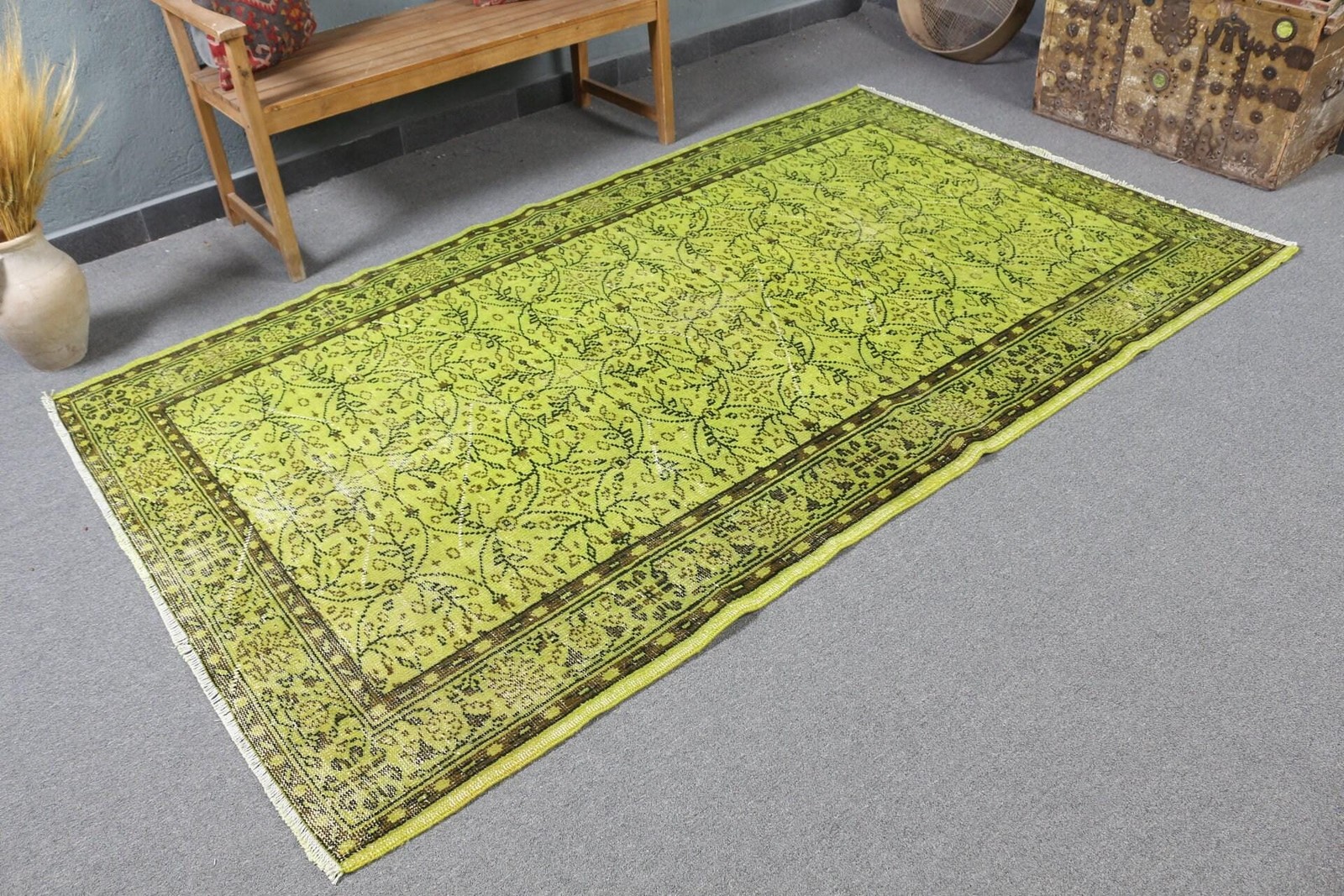 Turkish Rug, 5×8,5 ft Vintage Rug, Green Black Handmade Wool Rug