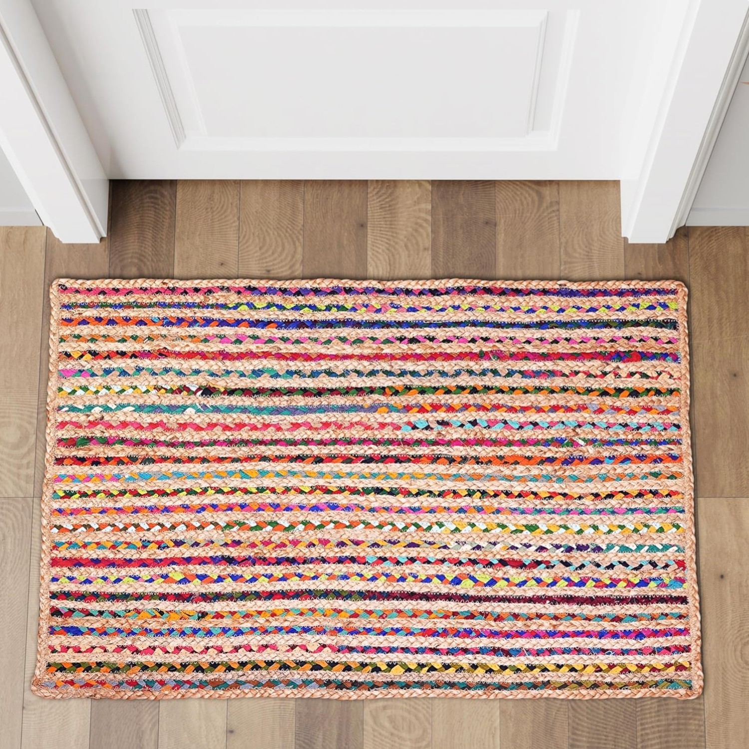 Bohemian Braided Rug 2’x3′ Multi Color Jute Cotton Area Rug