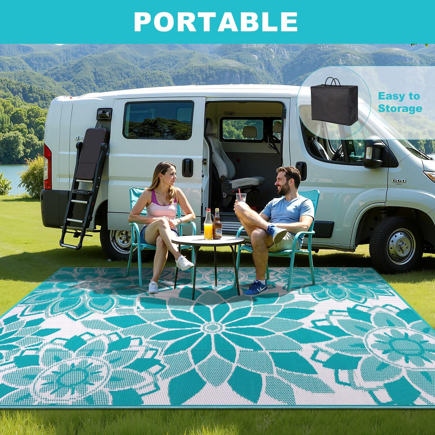 Outdoor Rug for Patio 5X8 Ft Reversible Plastic Straw Patio Camping Rug, Floral