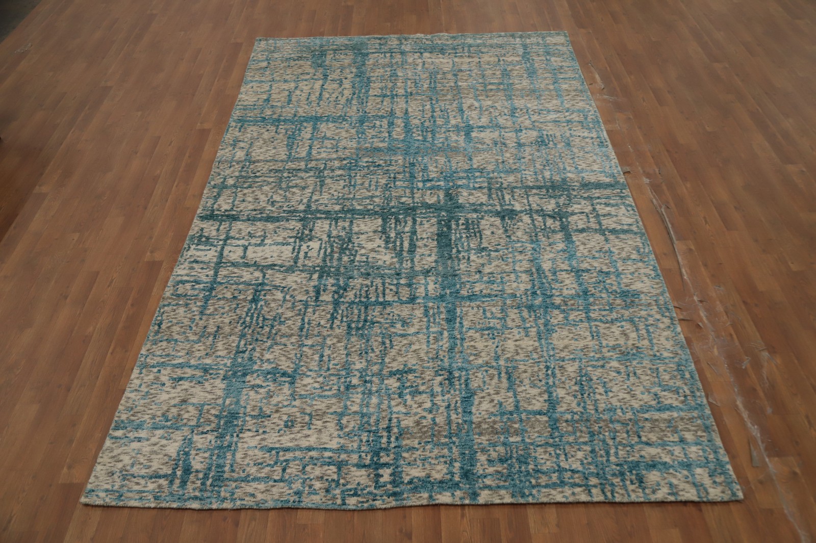 Abstract Wool/ Silk Nepalese Area Rug 6×10 Teal Handmade Contemporary Carpet