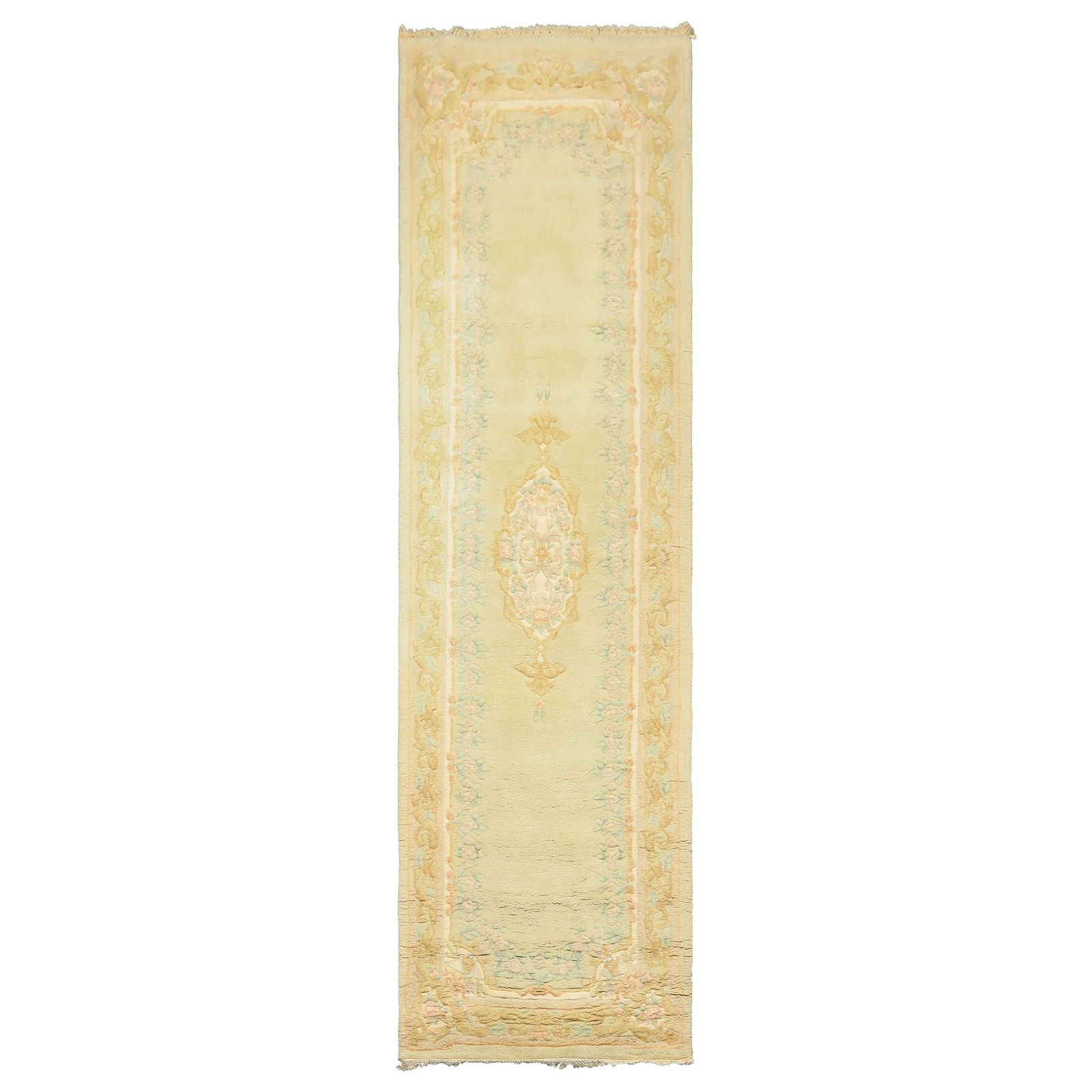 Hand Knotted French Aubusson Savonerie 3’6″x11’11” Runner Plush Pile Vintage Rug