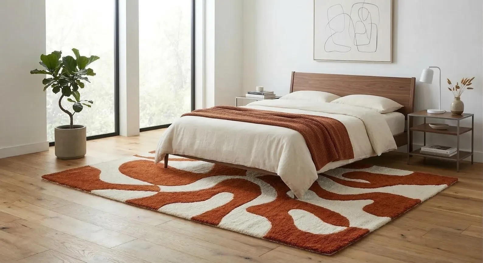 Modern Burnt Orange Wave Pattern Hand Tufted Wool Area For Living Room Rugs