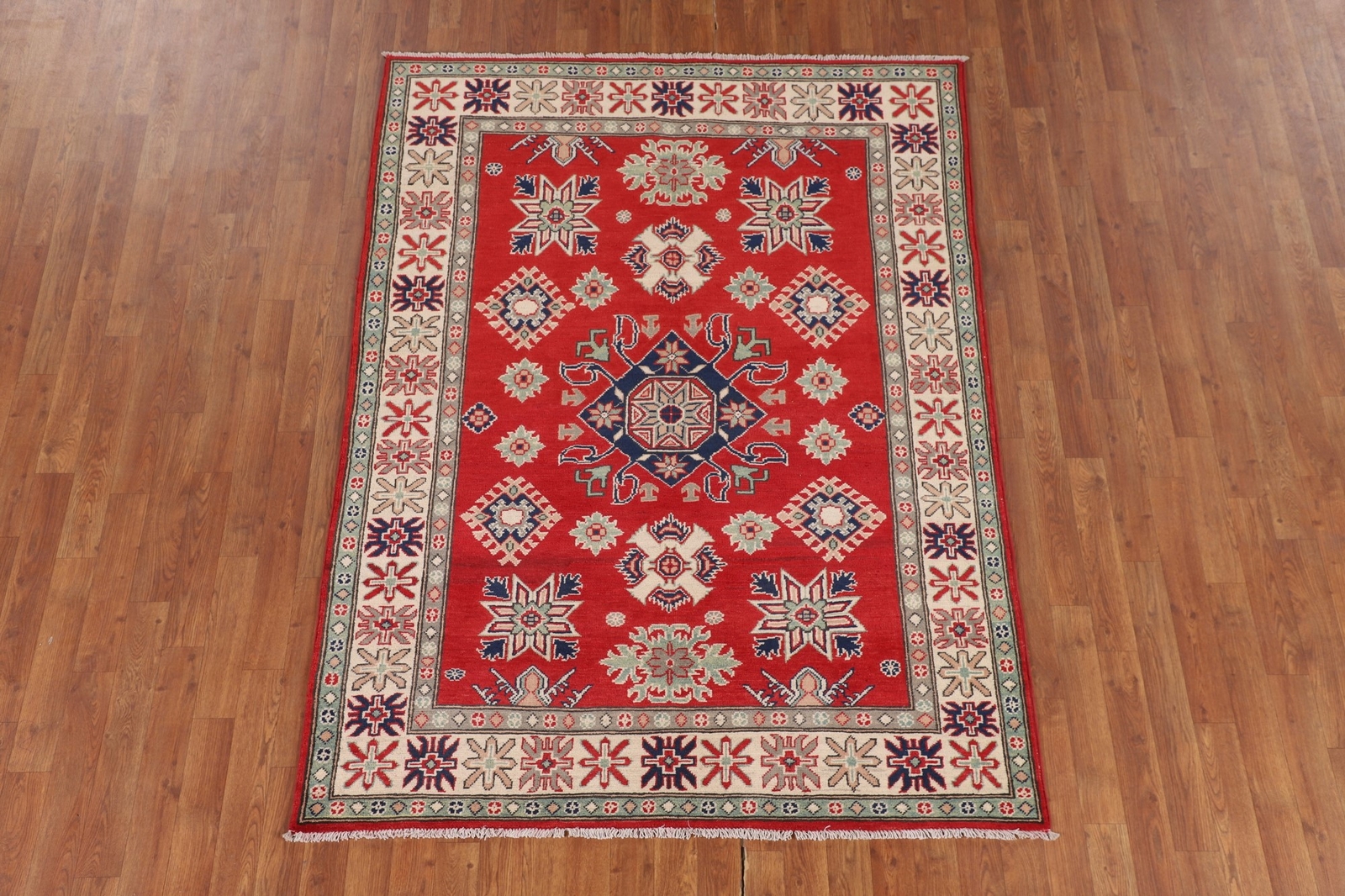 Geometric Kazak Rug Traditional Wool Art Rich Colors, Cultural Heritage 5×6 ft