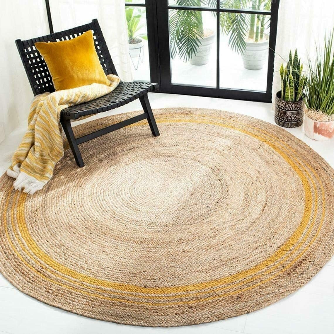 Round Rug Natural Jute Farmhouse Area Rug Hand Woven Rustic Look, Beige + Yellow