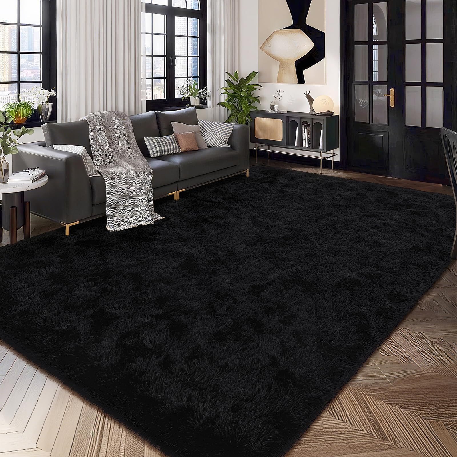 Black Rug for Bedroom 4×6 Furry Carpet for Boys Girls Shaggy Fuzzy Rugs for L…