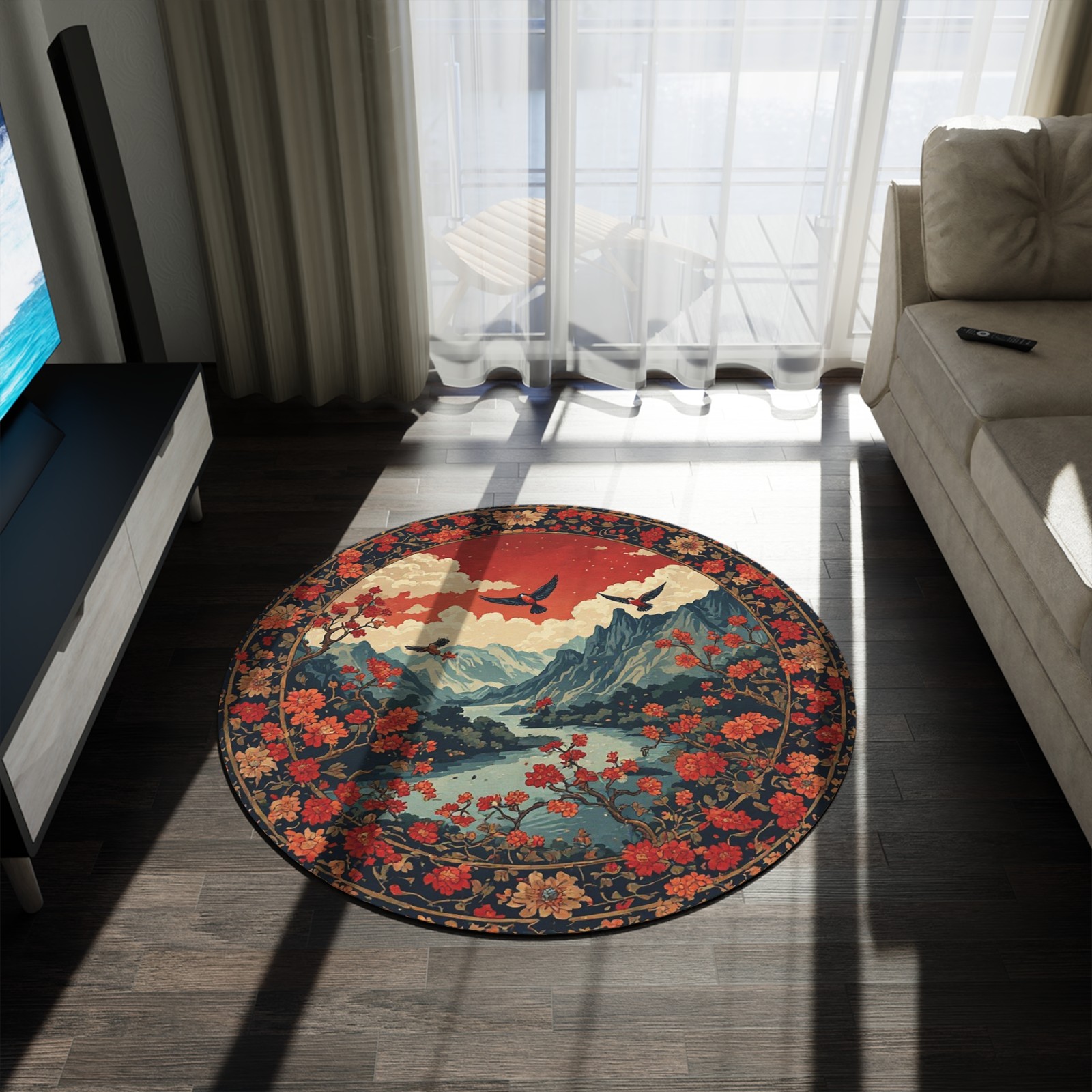 Oriental Style w/Birds + Flowers Rug – 60in Diameter Round Carpet 2