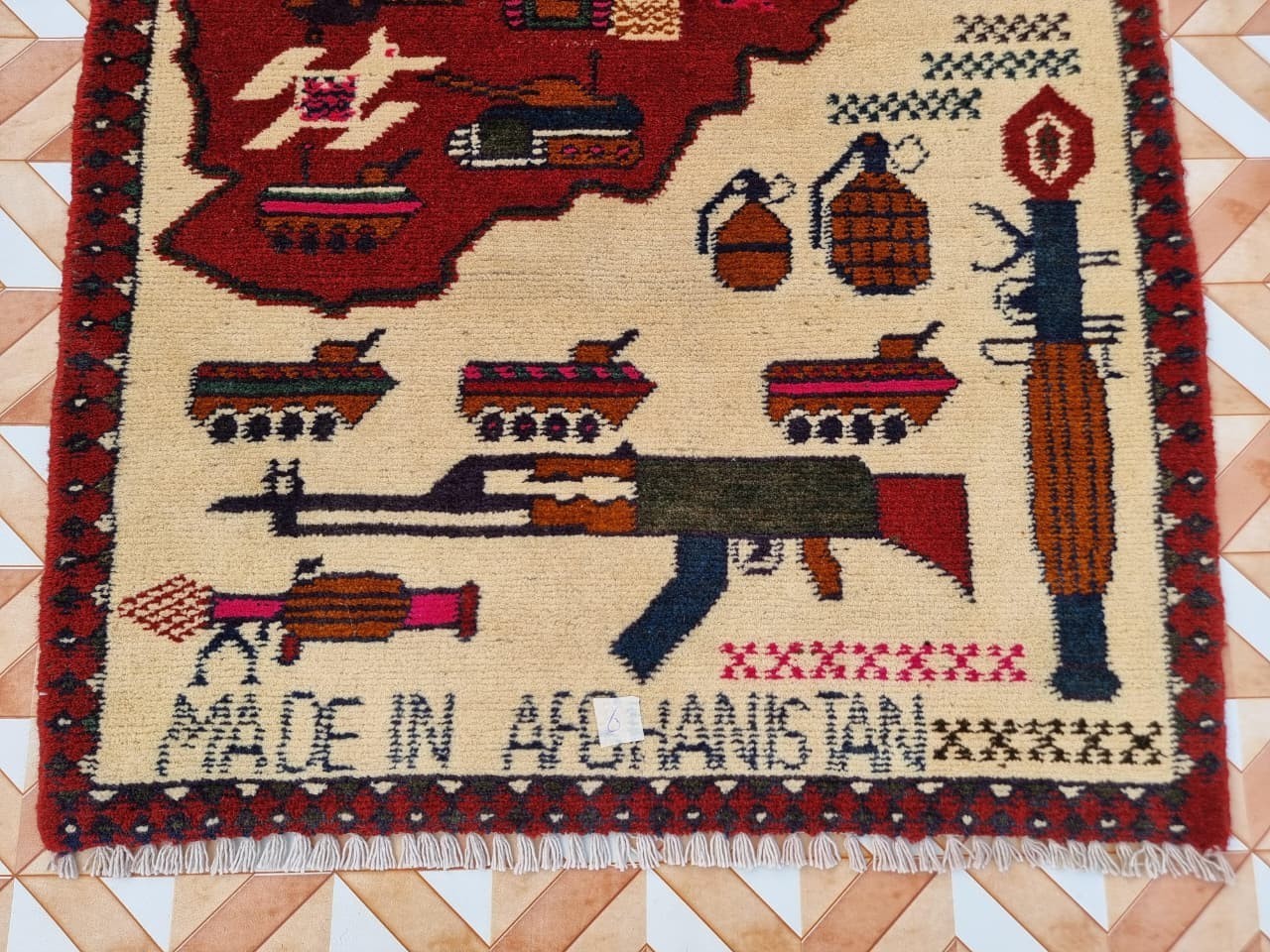 3×2 vintage Afghan Map War Rug – Hand-Knotted Wool – Tribal Pictorial Carpet.