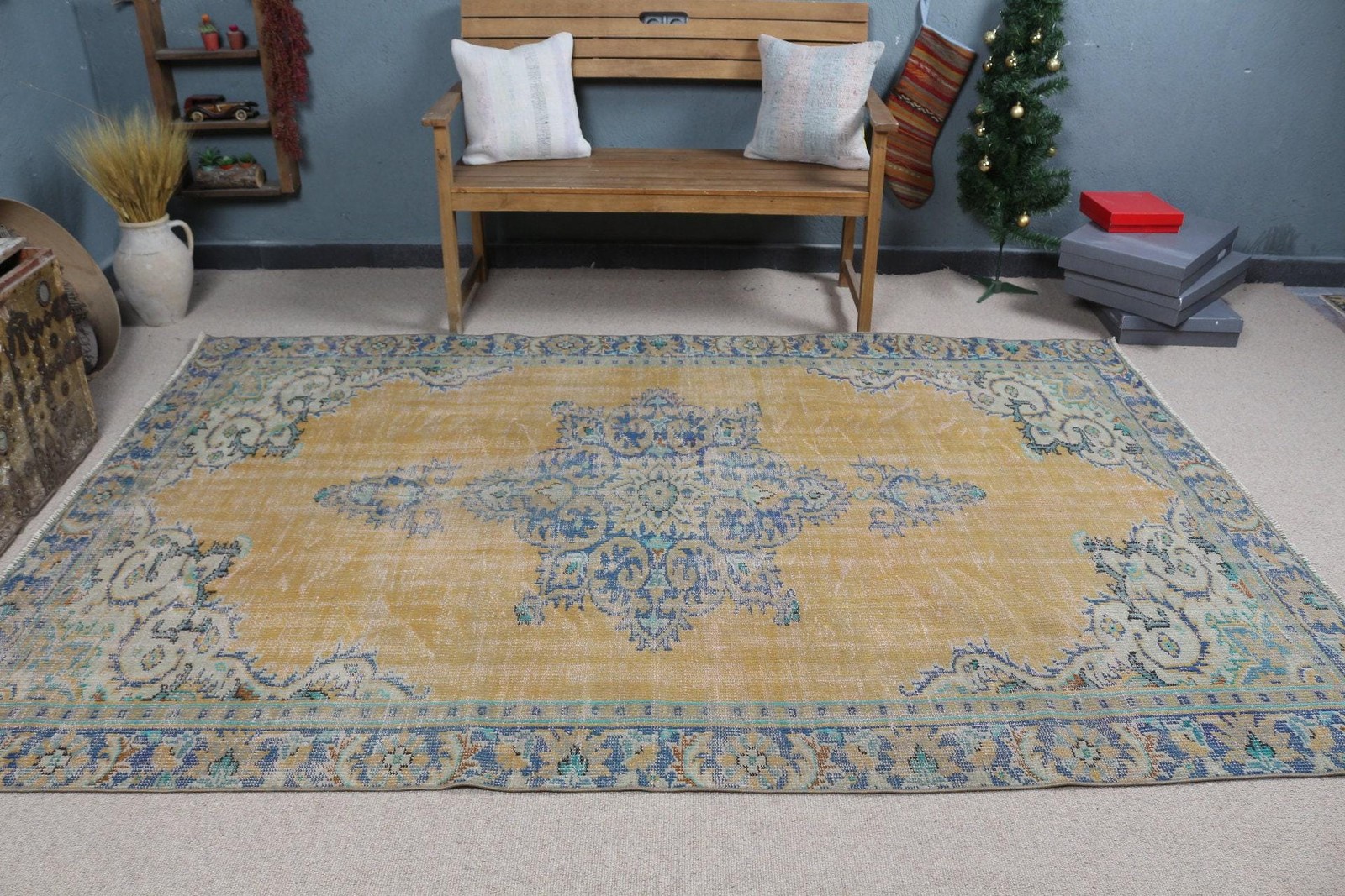 5,9×8,9 ft Rug, Turkish Rug, Vintage Yellow Wool Floral Rug