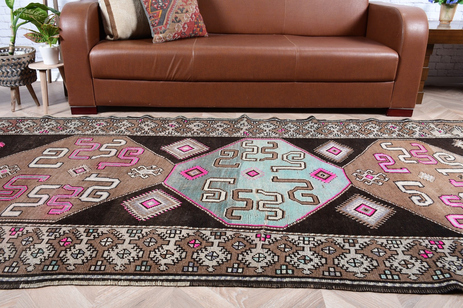Turkish Vintage Rug, 4,3×9,1 ft Area Rug, Brown Pink Plants & trees Rug