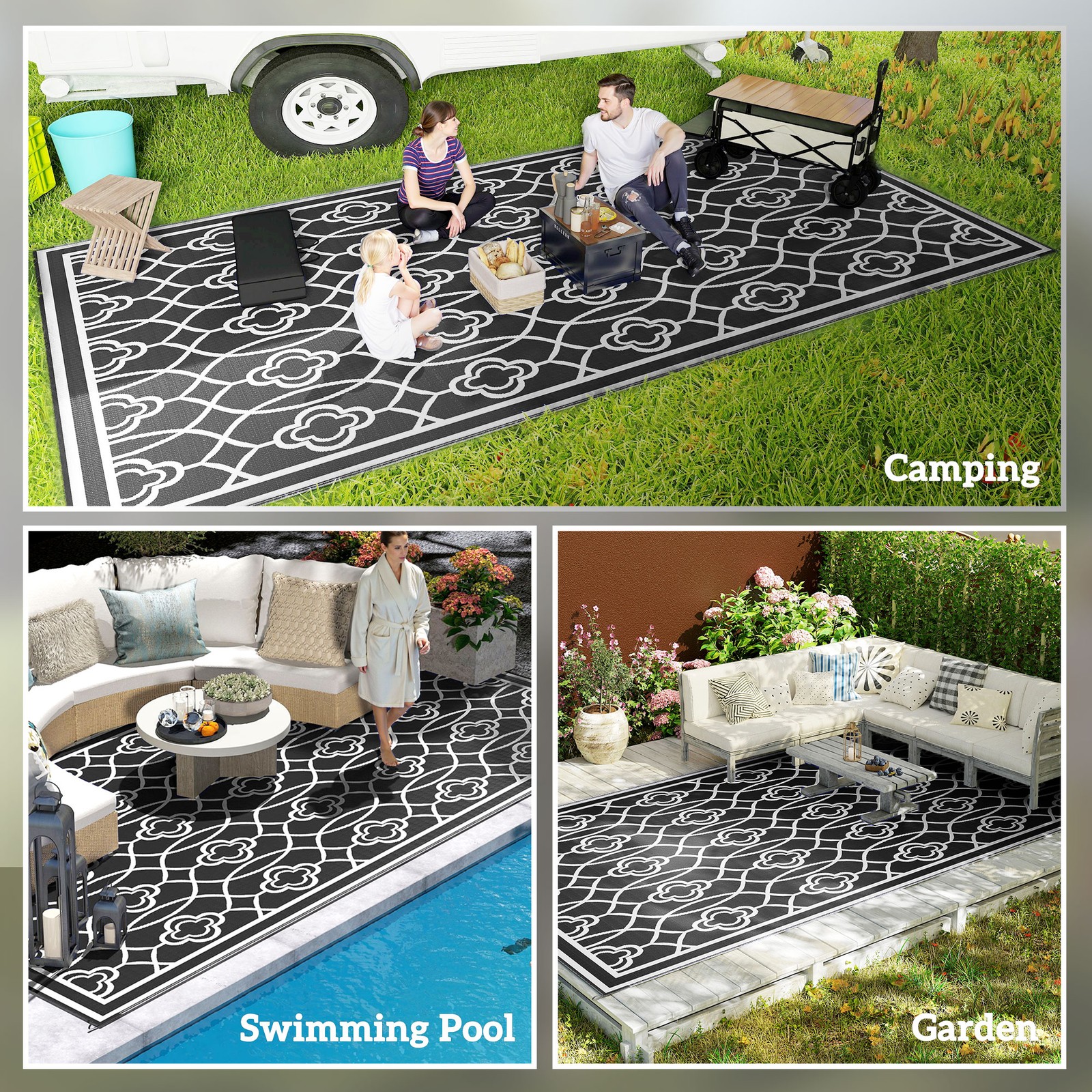 Outsunny Outdoor Rug, 9′ x 18′ Floor Mat, Black White Lantern