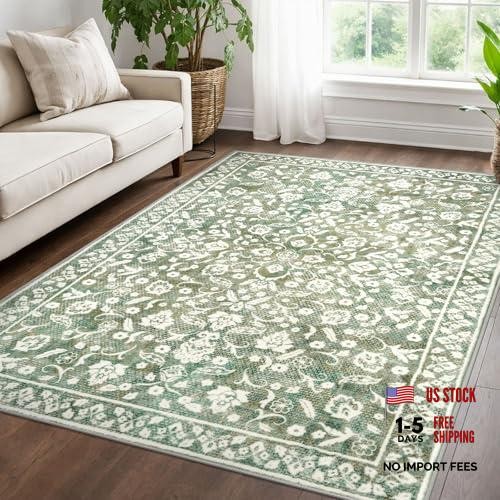 Vintage 5×7 Rugs Washable Area Rug – Non-Slip – Sage Green