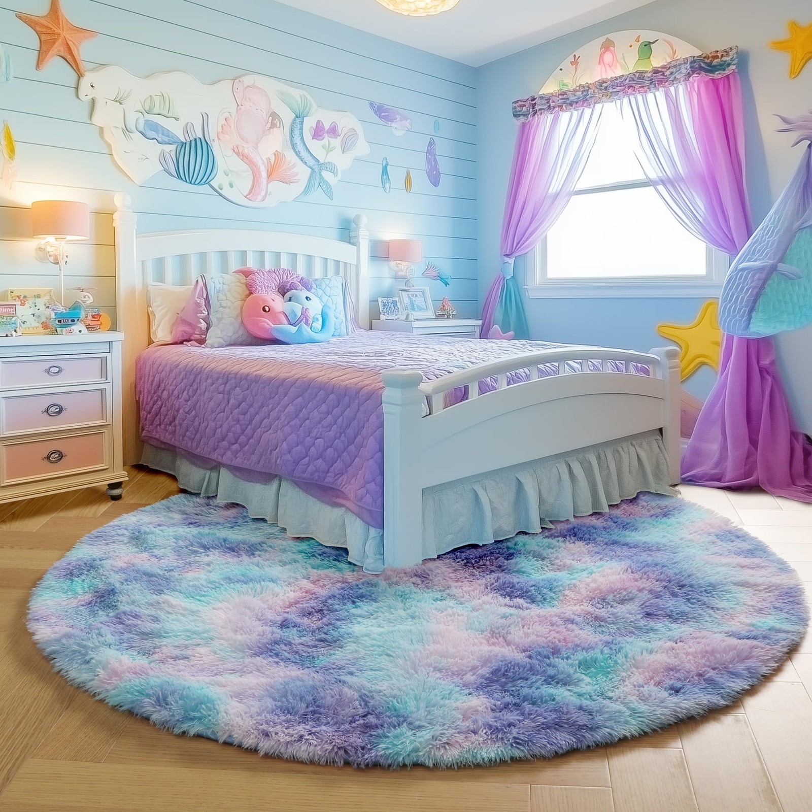 PAGISOFE Rainbow Purple Rugs for Girls Bedroom, Shaggy Big Round Rugs for Kid…