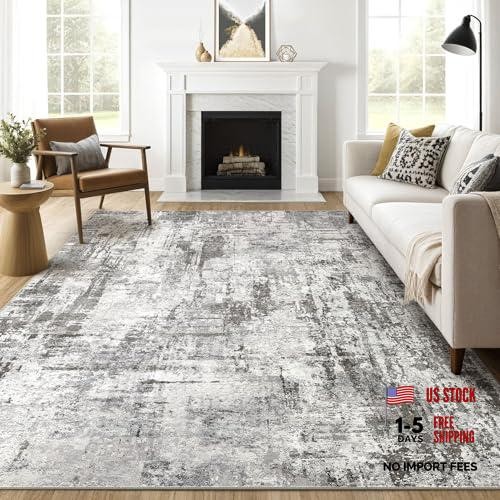 10×12 Area Rug Living Room: Washable Large Abstract Neutral Modern Soft Gray