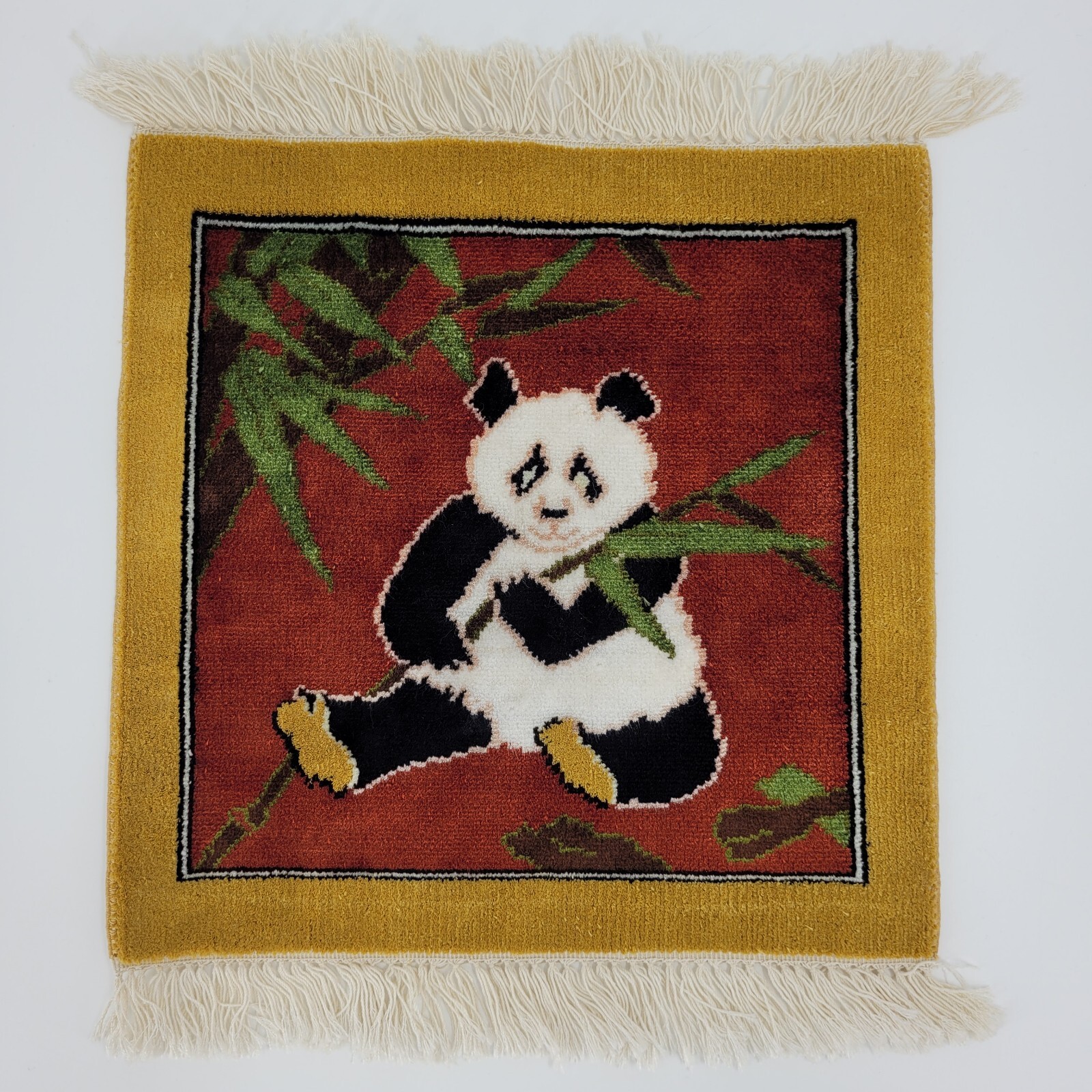 Wall Hanging Rug Tabletop Doll House Hand Knotted Panda Bear Bamboo Fringe 12×12