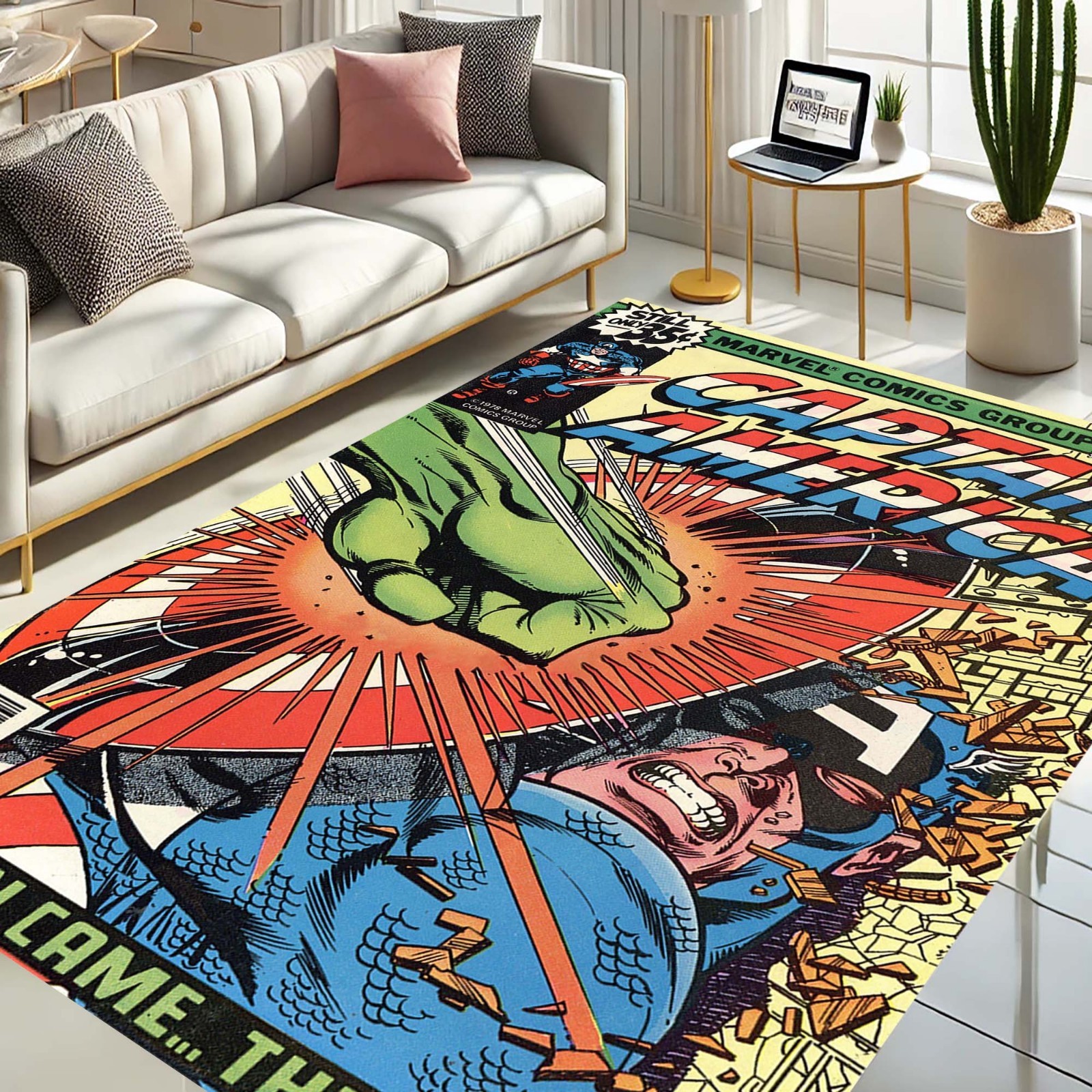 Captain America Vintage Comic Rug, SuperHero Comics Group Design, Retro Comic Bo